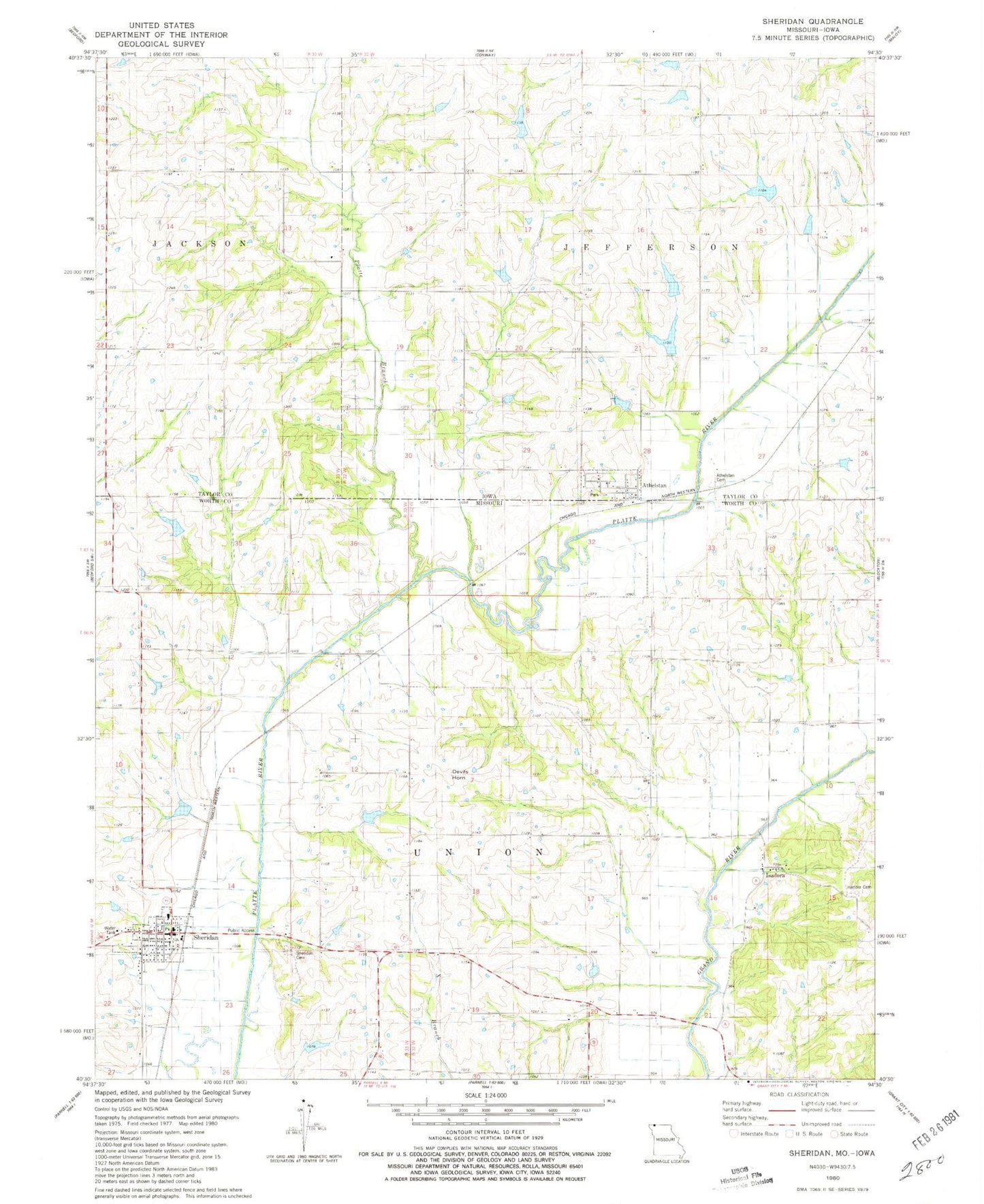 Classic USGS Sheridan Missouri 7.5'x7.5' Topo Map Image