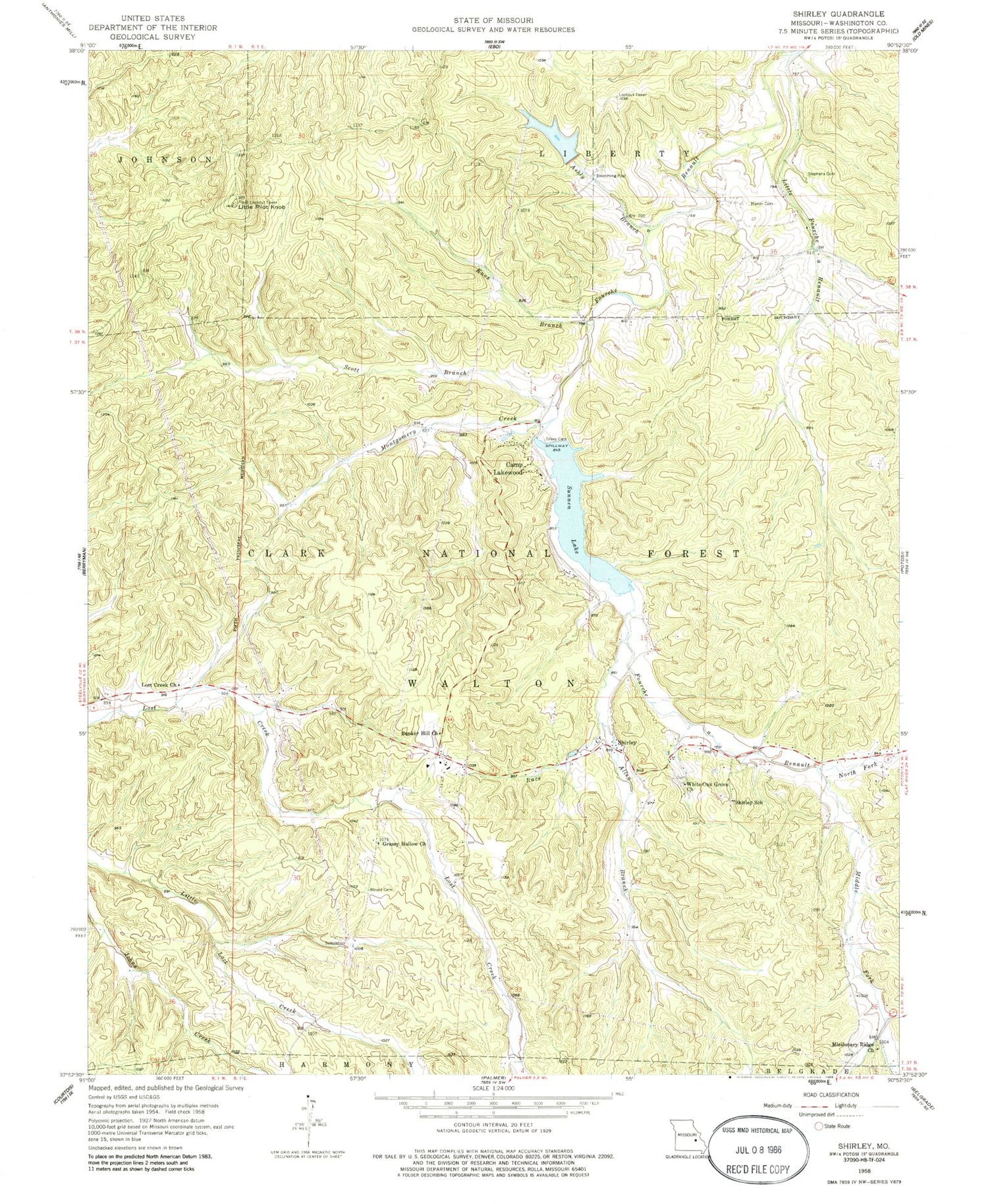 Classic USGS Shirley Missouri 7.5'x7.5' Topo Map Image