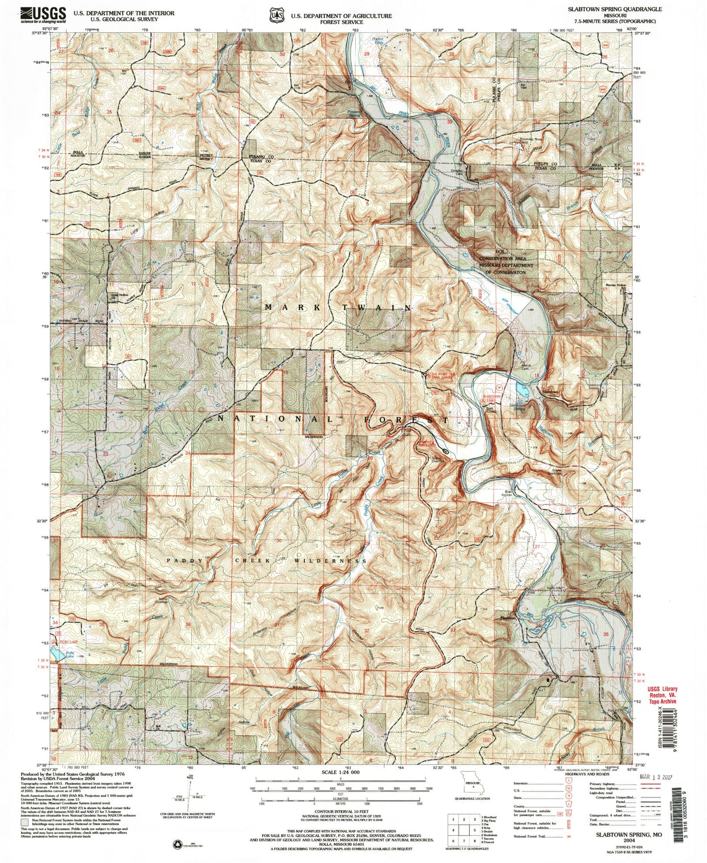 USGS Classic Slabtown Spring Missouri 7.5'x7.5' Topo Map Image