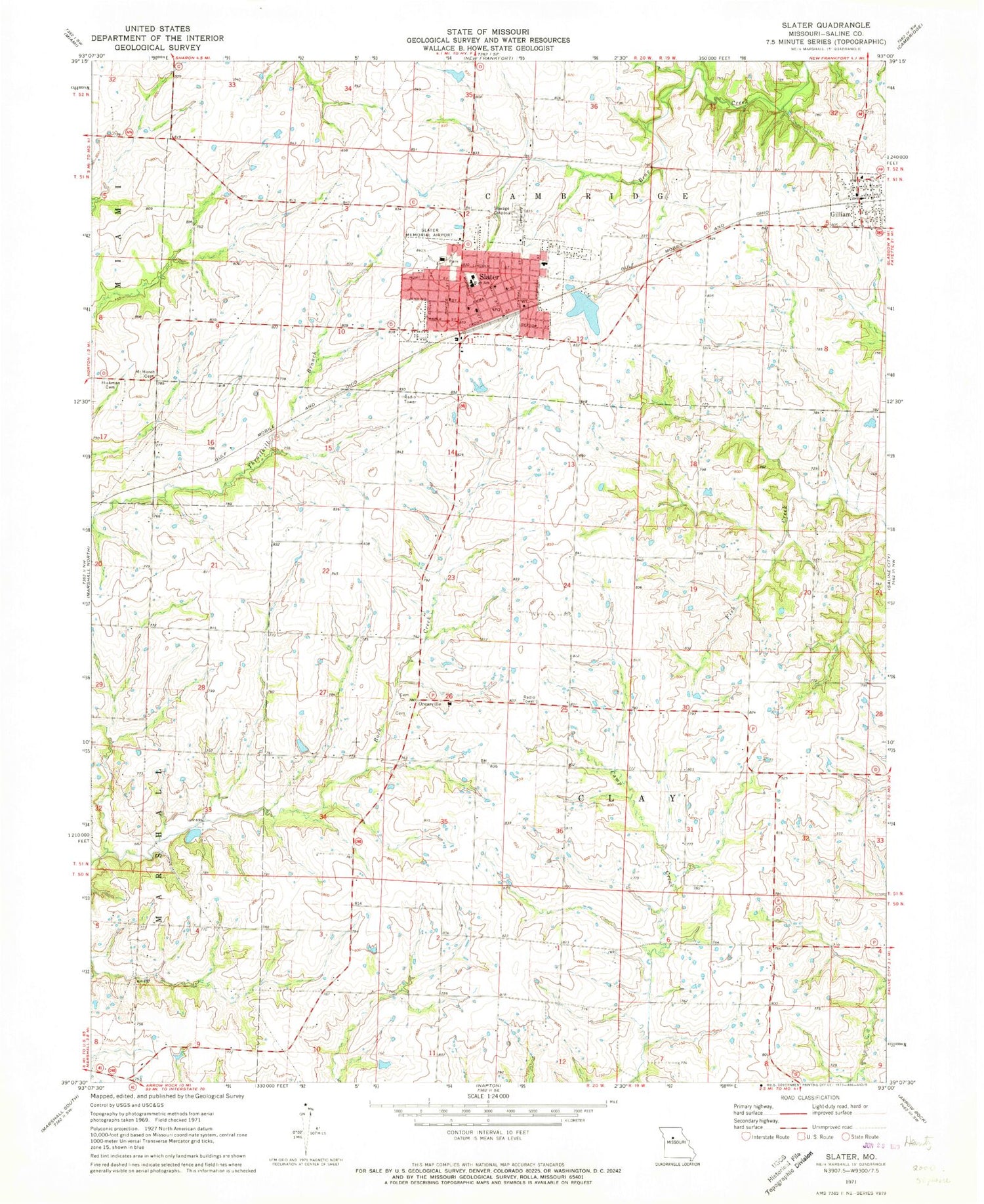 Classic USGS Slater Missouri 7.5'x7.5' Topo Map Image