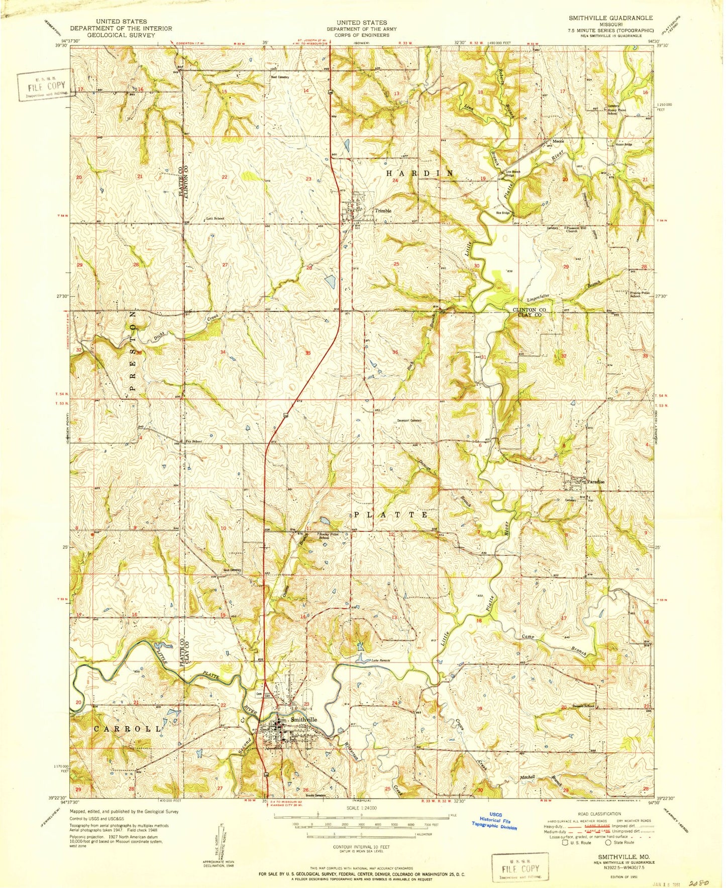 Classic USGS Smithville Missouri 7.5'x7.5' Topo Map Image