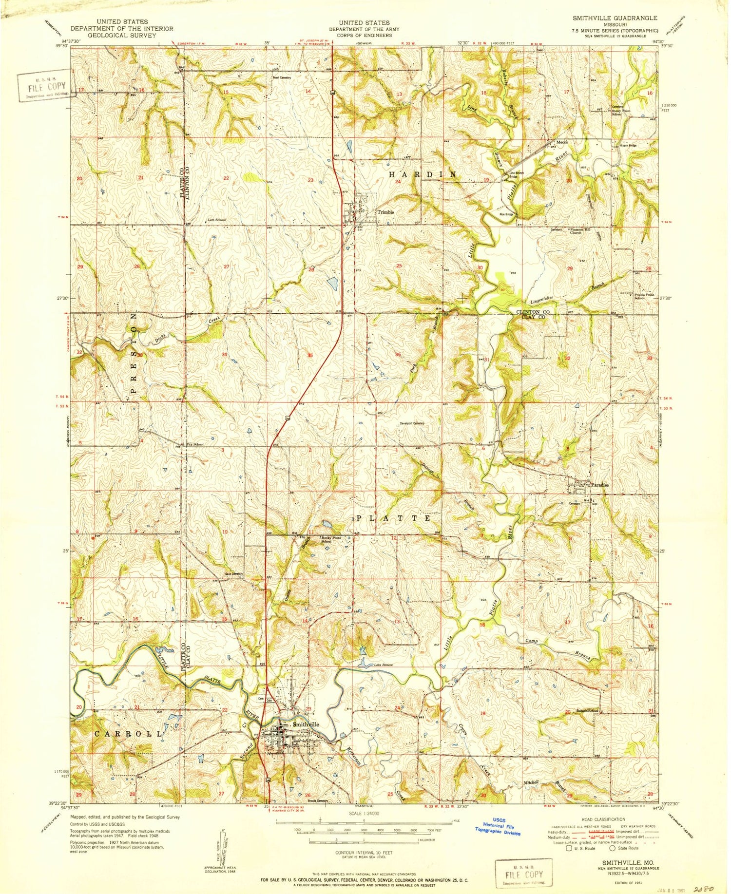 Classic USGS Smithville Missouri 7.5'x7.5' Topo Map Image