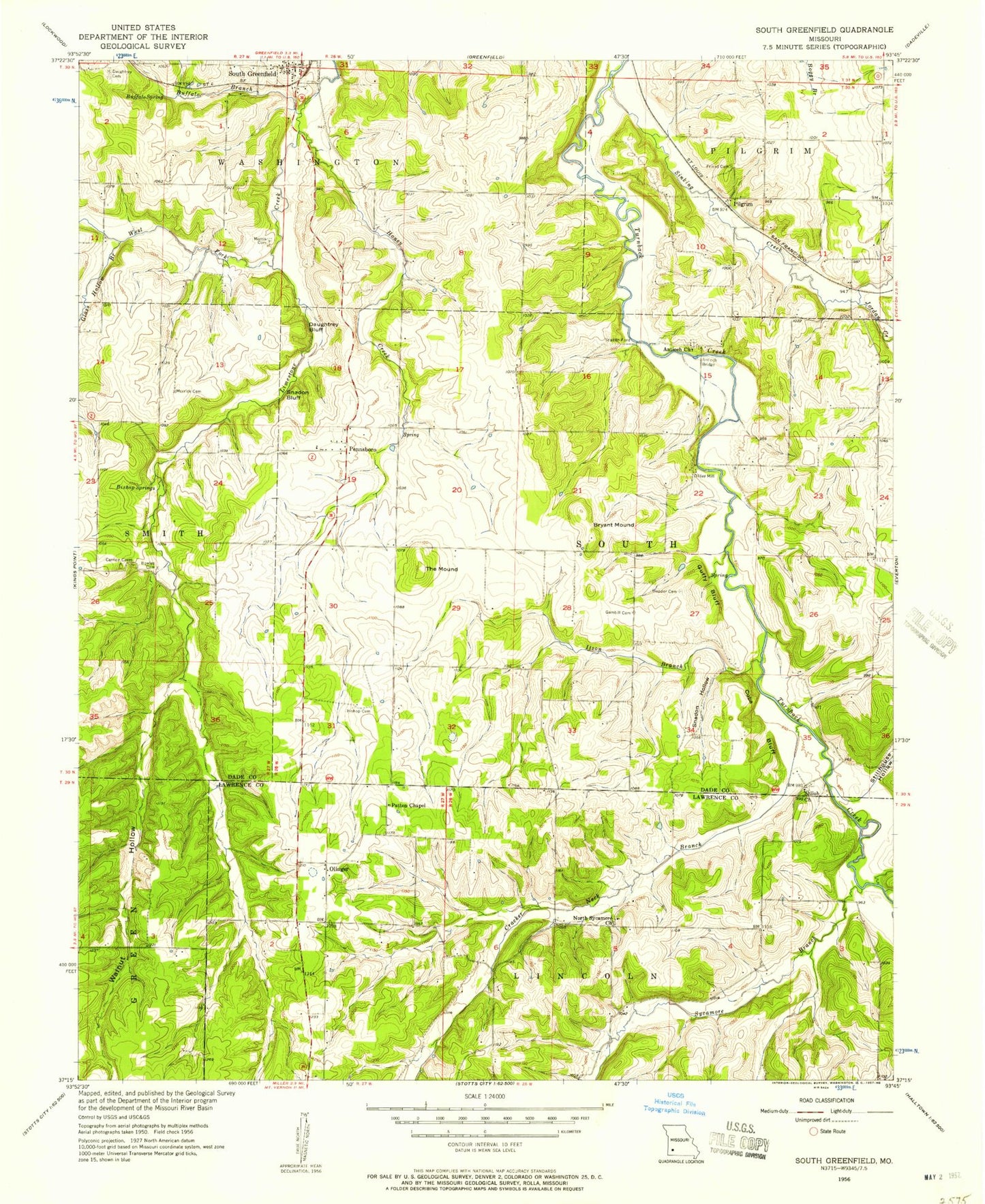Classic USGS South Greenfield Missouri 7.5'x7.5' Topo Map Image