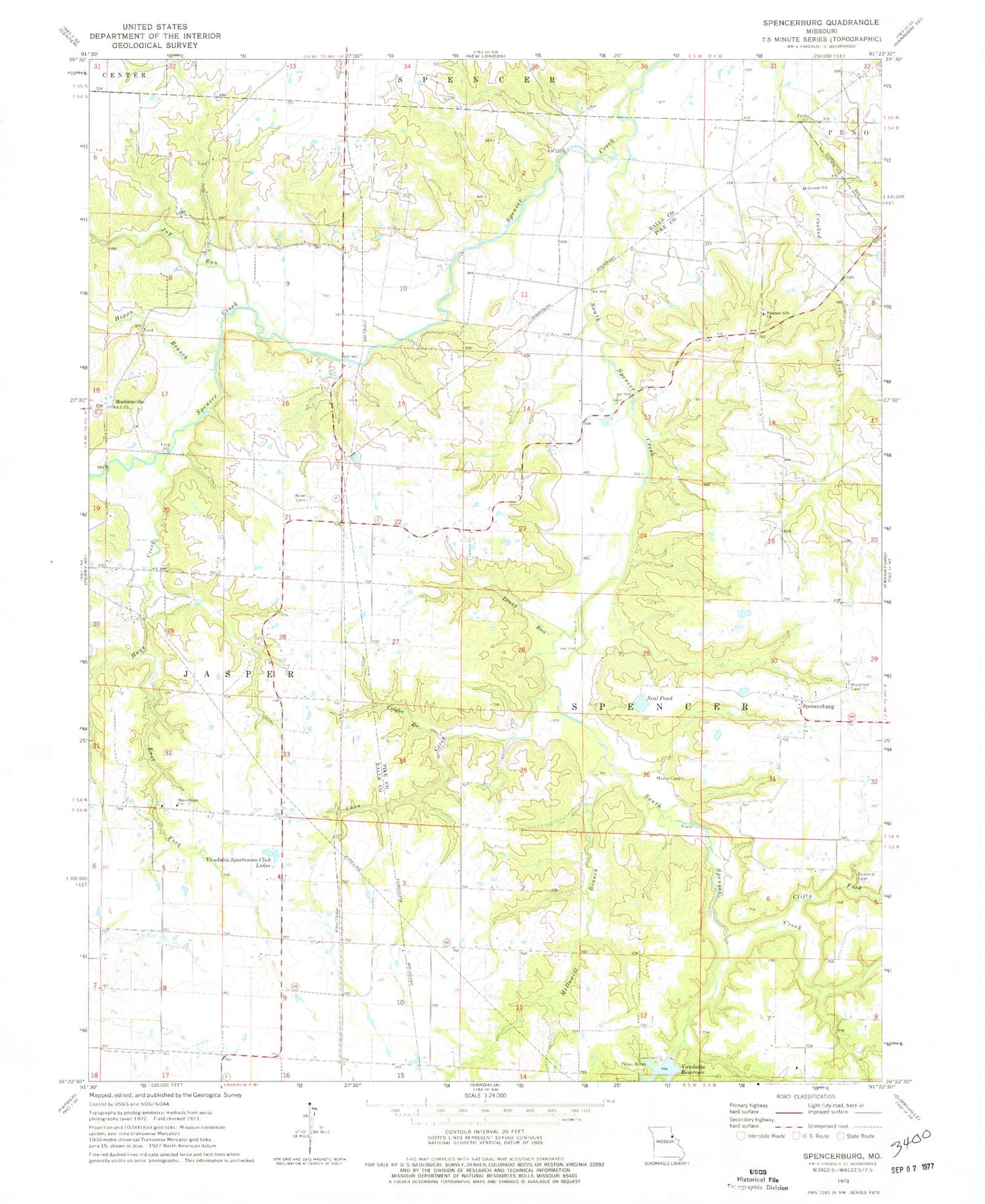 Classic USGS Spencerburg Missouri 7.5'x7.5' Topo Map Image