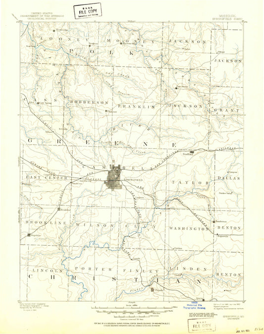 Historic 1886 Springfield Missouri 30'x30' Topo Map Image