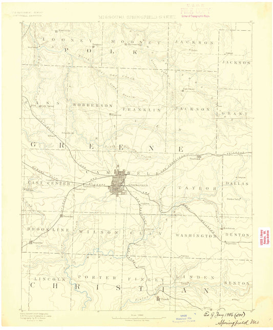 Historic 1884 Springfield Missouri 30'x30' Topo Map Image