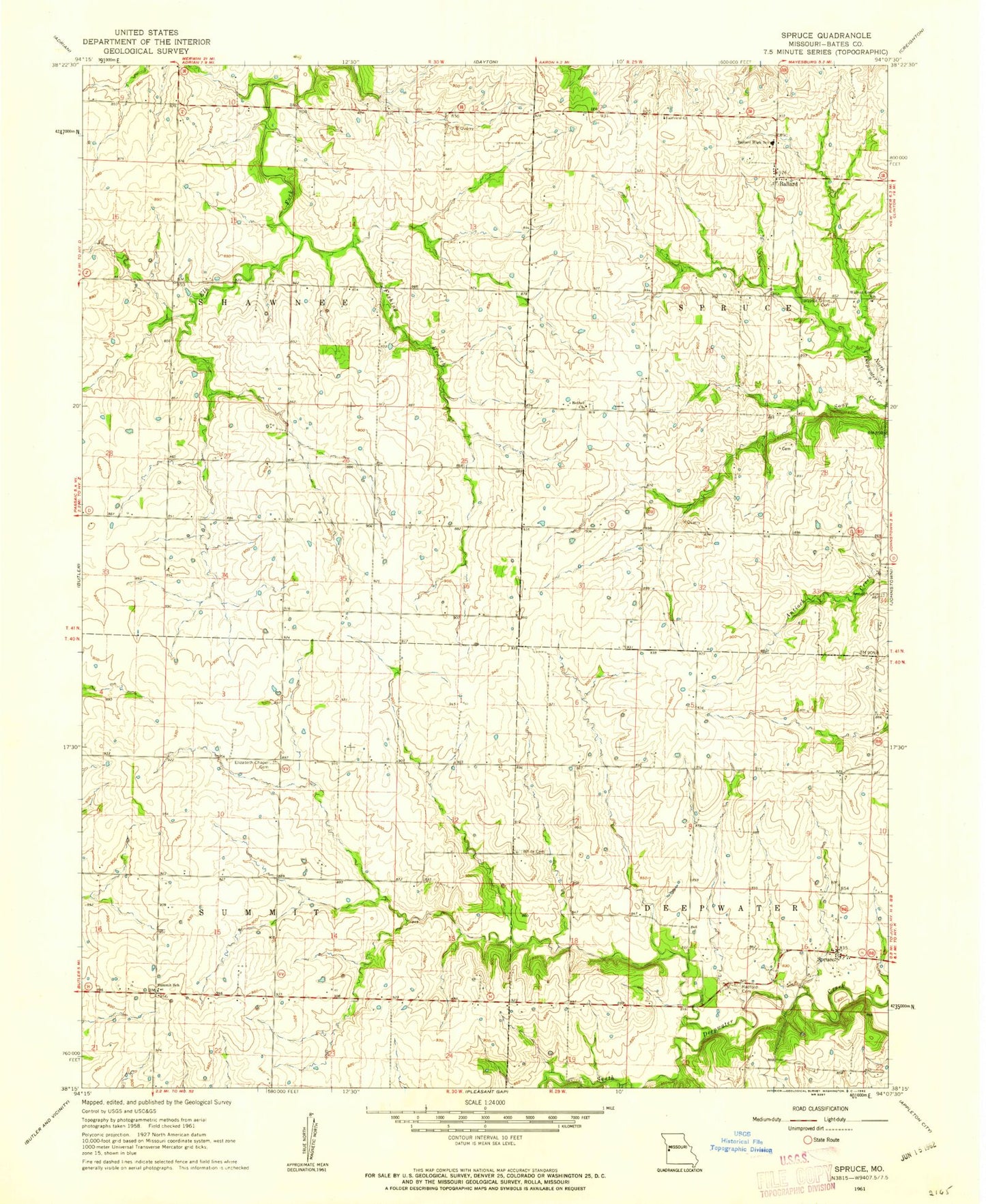 Classic USGS Spruce Missouri 7.5'x7.5' Topo Map Image