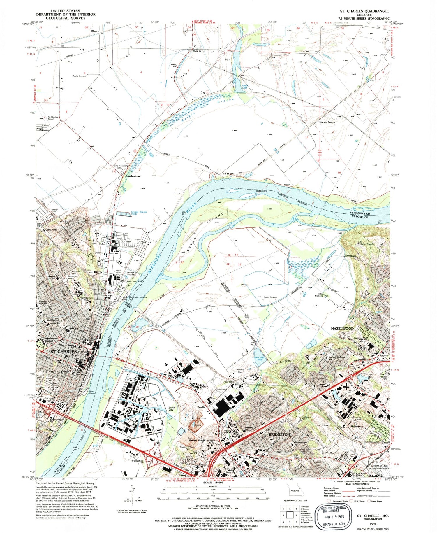 Classic USGS Saint Charles Missouri 7.5'x7.5' Topo Map Image