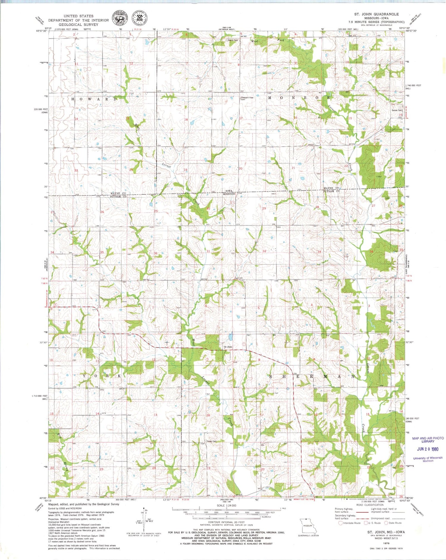 Classic USGS Saint John Missouri 7.5'x7.5' Topo Map Image