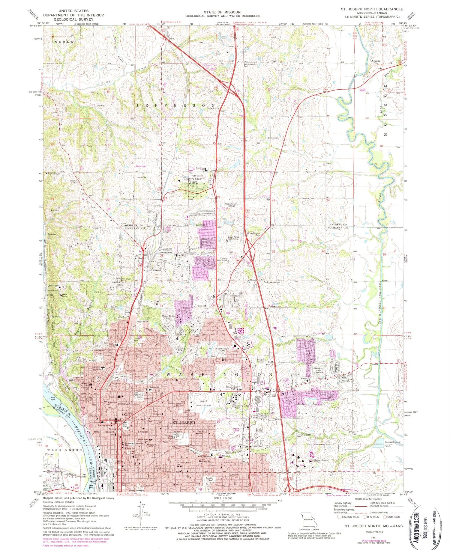 Classic USGS Saint Joseph North Missouri 7.5'x7.5' Topo Map Image