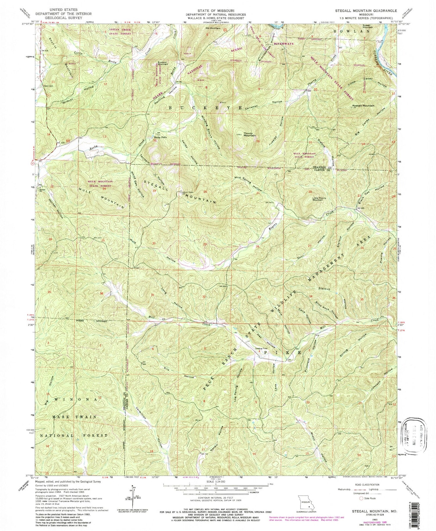 Classic USGS Stegall Mountain Missouri 7.5'x7.5' Topo Map Image