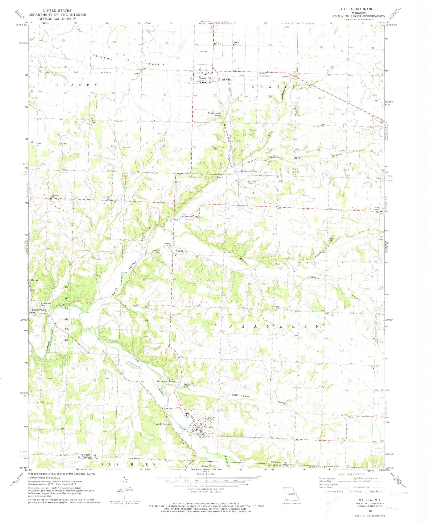 Classic USGS Stella Missouri 7.5'x7.5' Topo Map Image