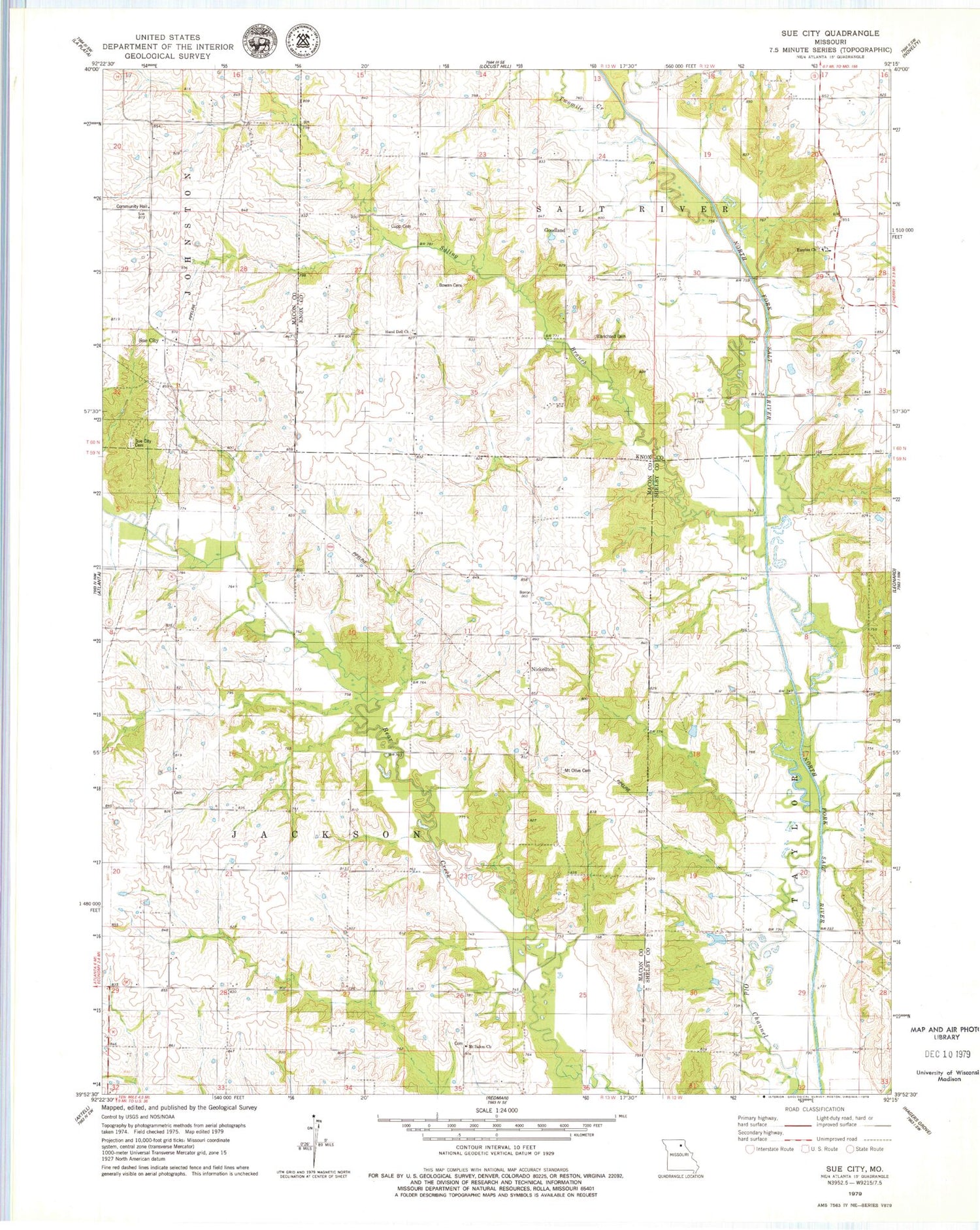 Classic USGS Sue City Missouri 7.5'x7.5' Topo Map Image