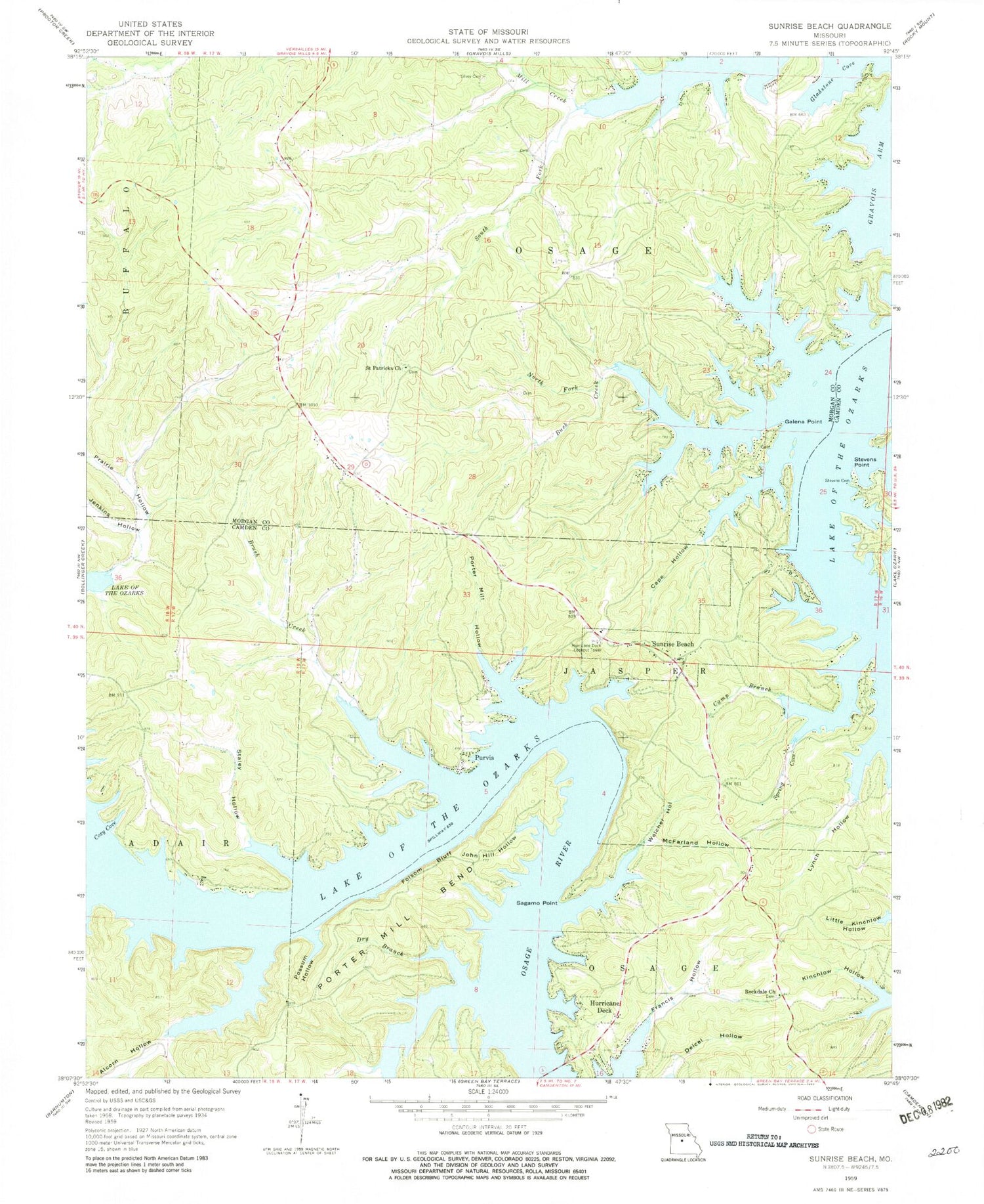 Classic USGS Sunrise Beach Missouri 7.5'x7.5' Topo Map Image