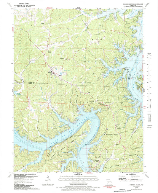 Classic USGS Sunrise Beach Missouri 7.5'x7.5' Topo Map Image