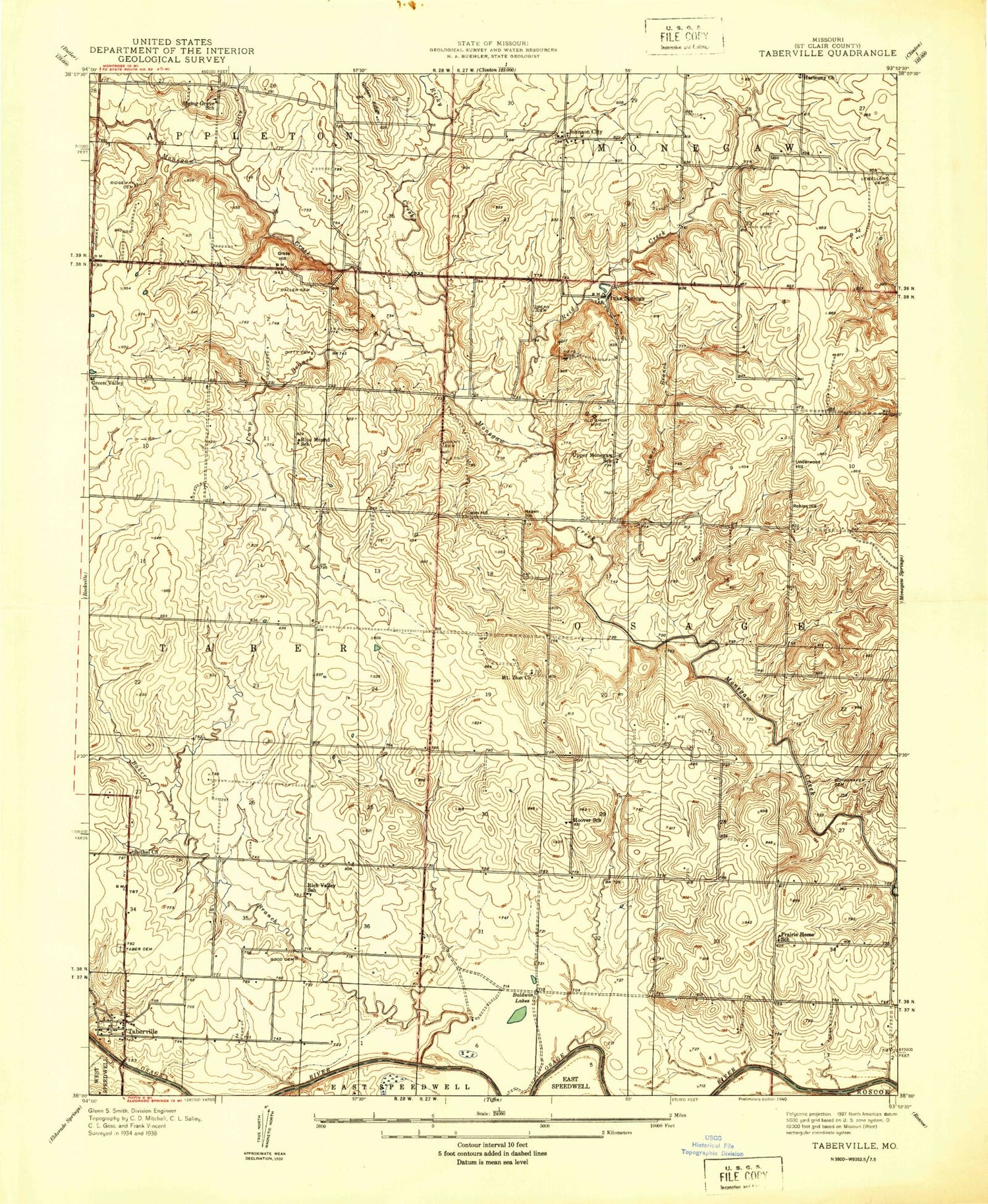 Classic USGS Taberville Missouri 7.5'x7.5' Topo Map Image