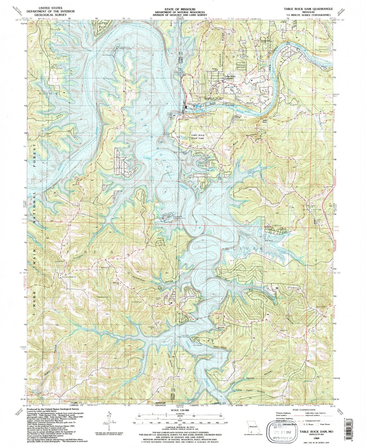 Classic USGS Table Rock Dam Missouri 7.5'x7.5' Topo Map Image