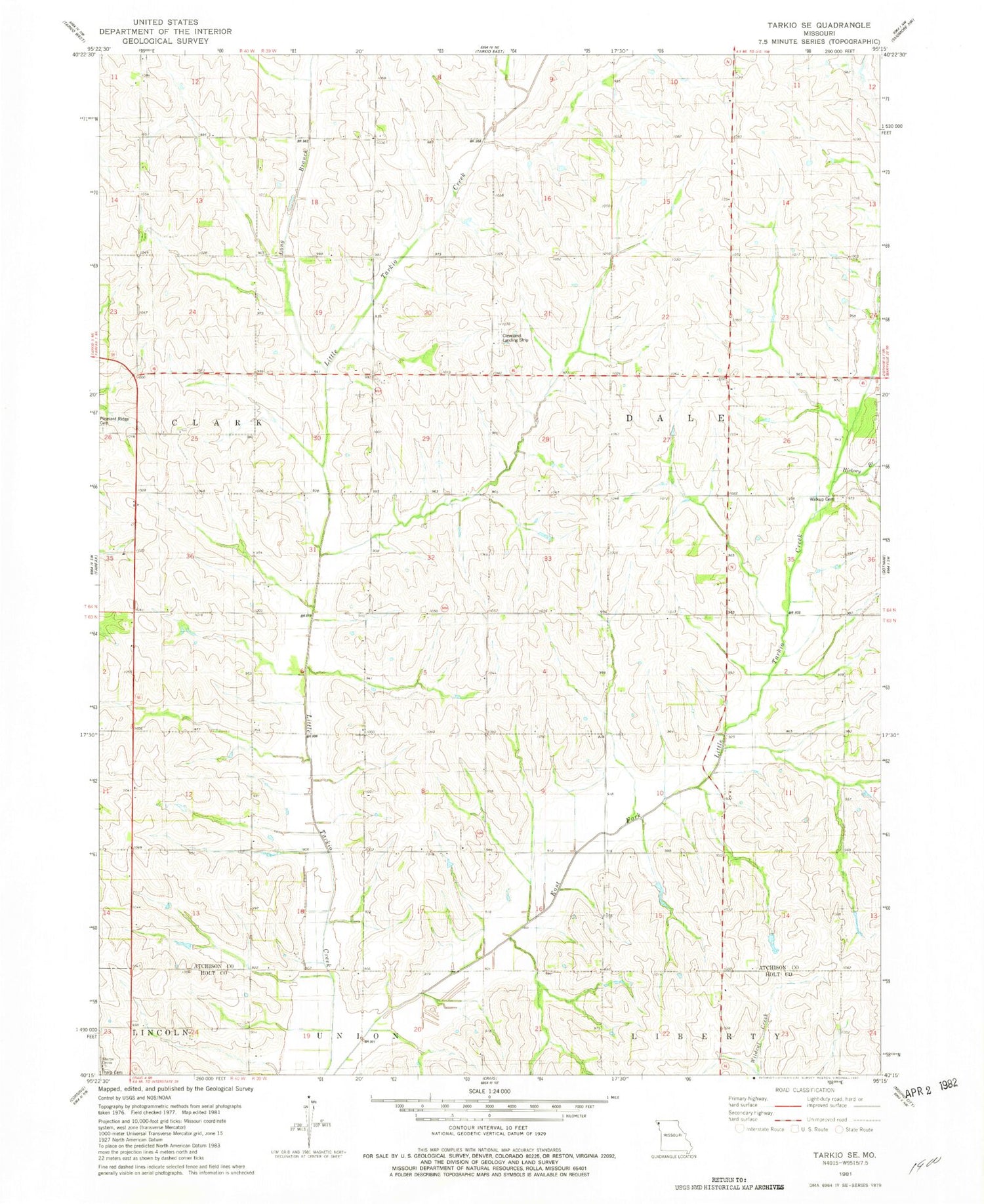 Classic USGS Tarkio SE Missouri 7.5'x7.5' Topo Map Image
