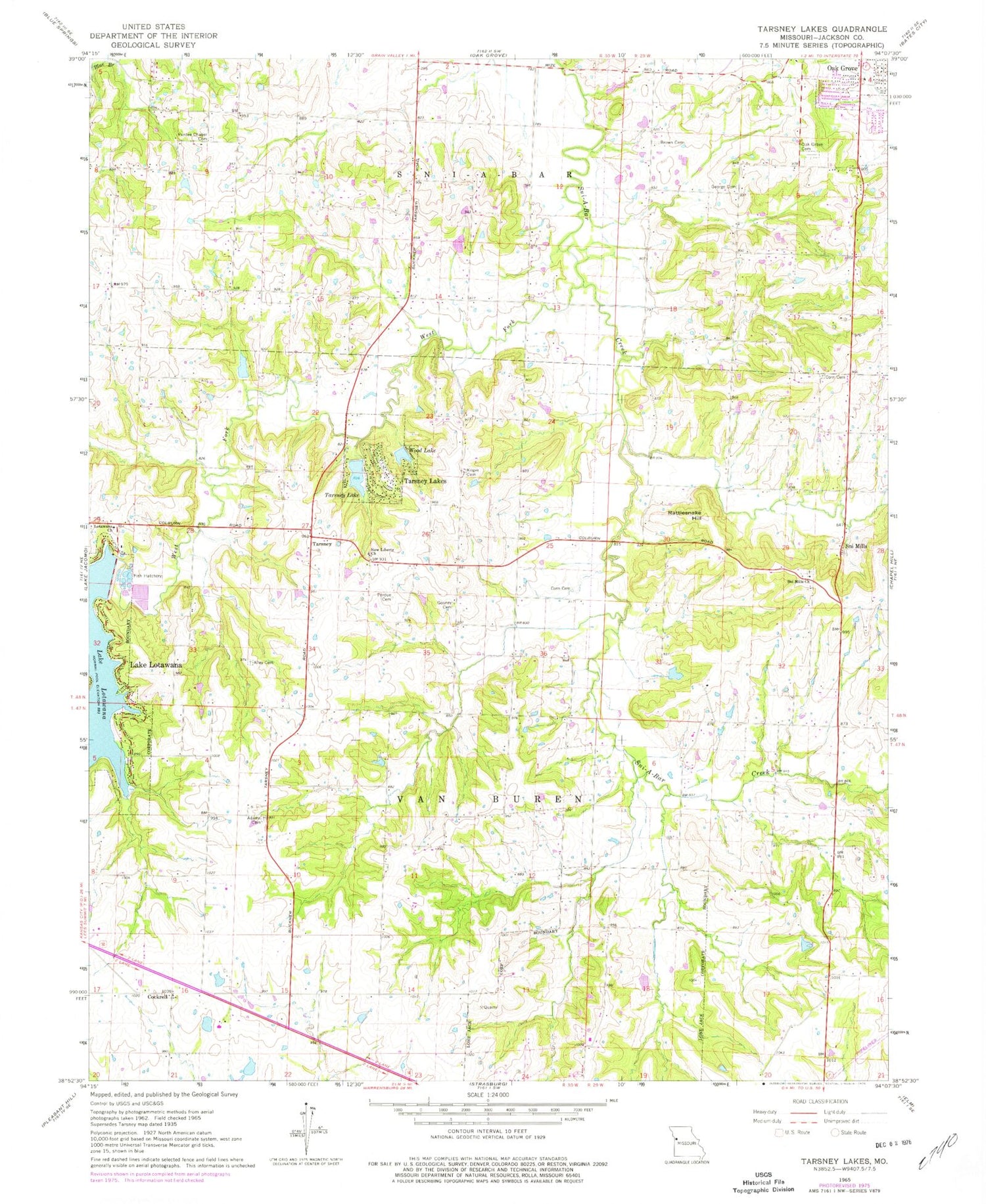 Classic USGS Tarsney Lakes Missouri 7.5'x7.5' Topo Map Image