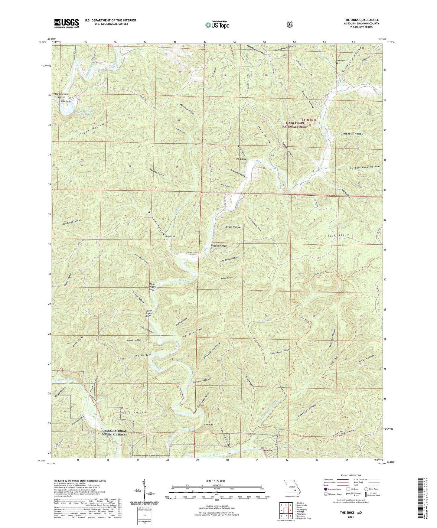 The Sinks Missouri US Topo Map Image