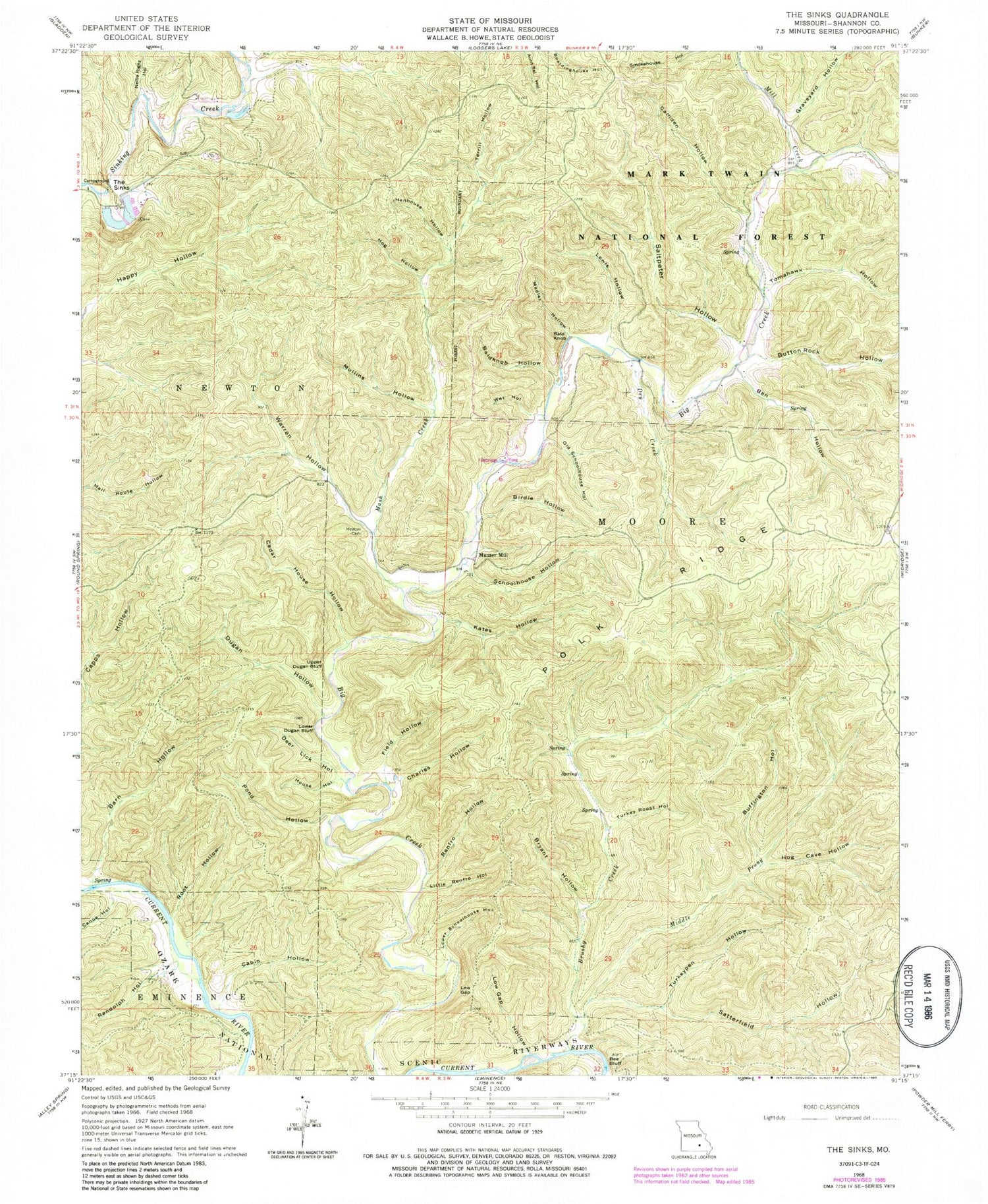 Classic USGS The Sinks Missouri 7.5'x7.5' Topo Map Image