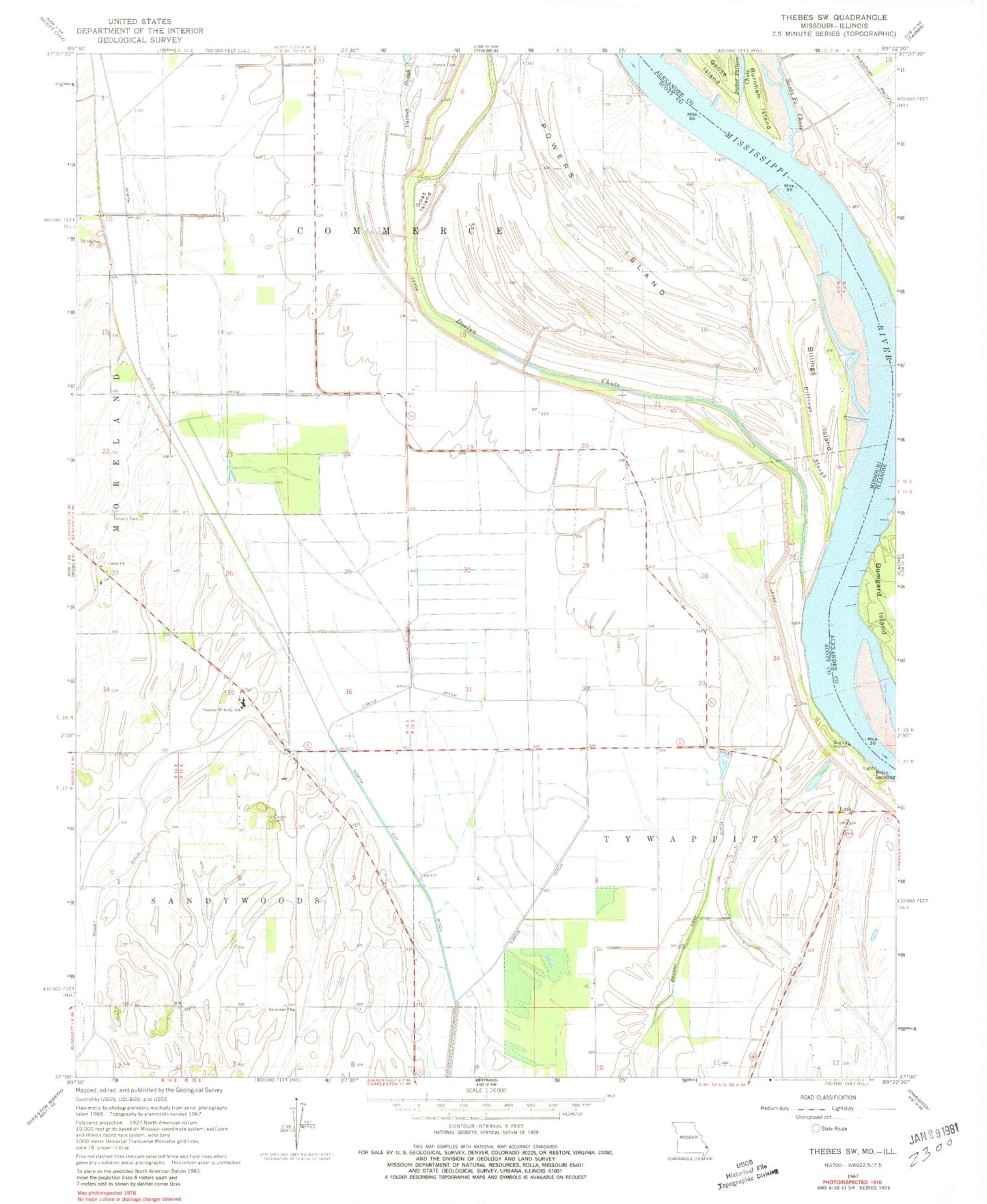 Classic USGS Thebes SW Missouri 7.5'x7.5' Topo Map Image