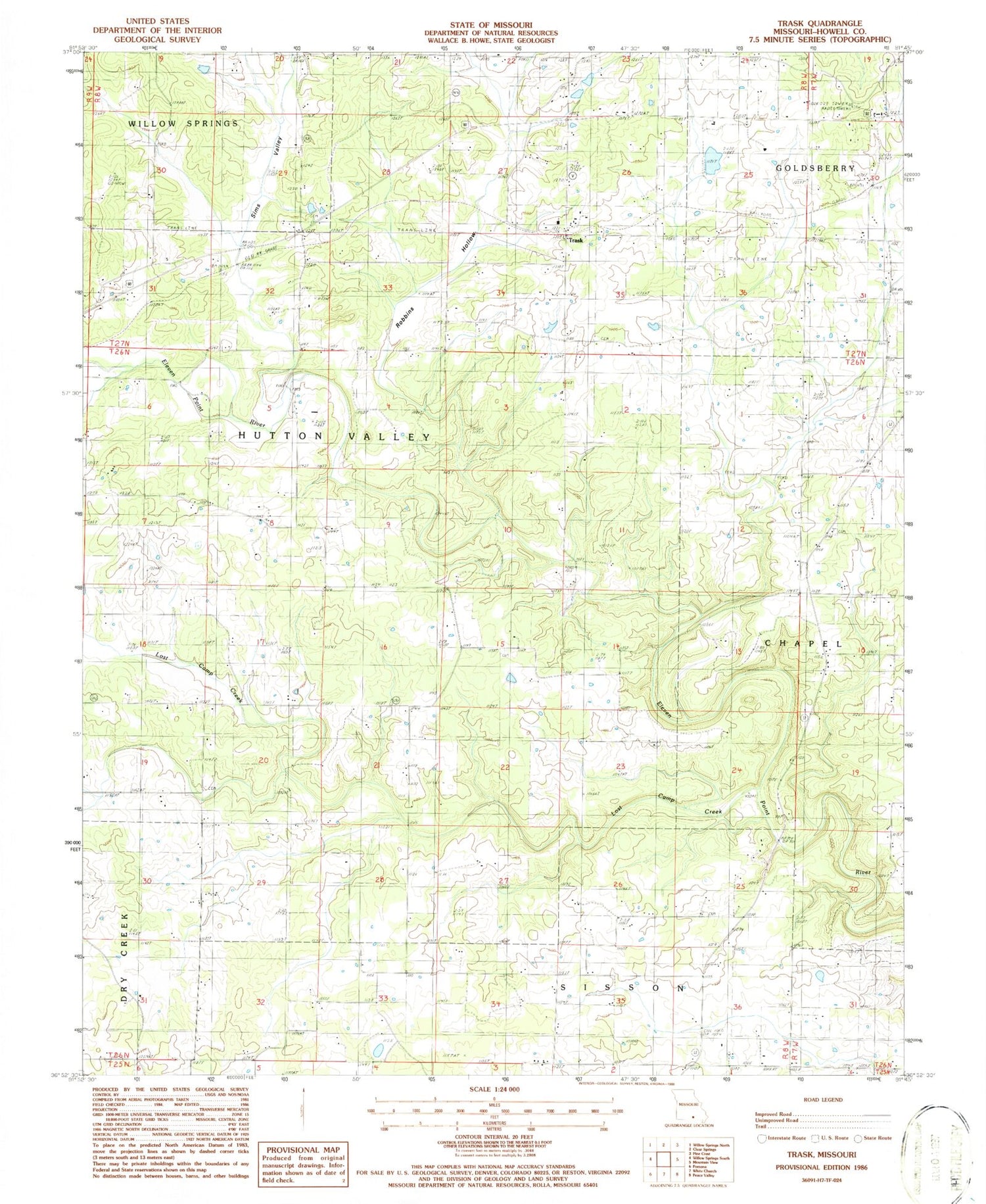 Classic USGS Trask Missouri 7.5'x7.5' Topo Map Image