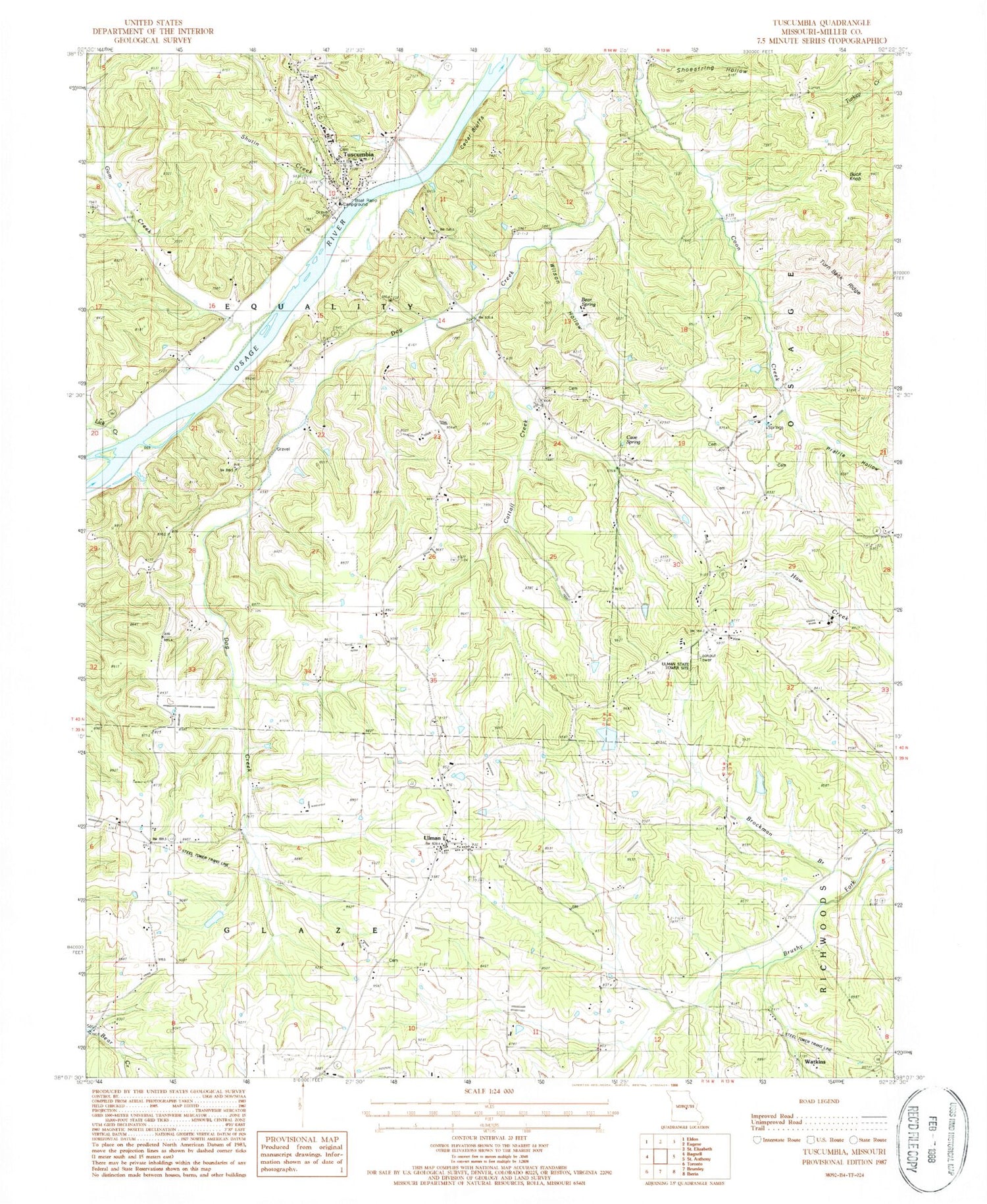 Classic USGS Tuscumbia Missouri 7.5'x7.5' Topo Map Image