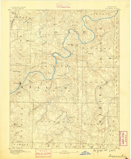 Historic 1888 Tuscumbia Missouri 30'x30' Topo Map Image