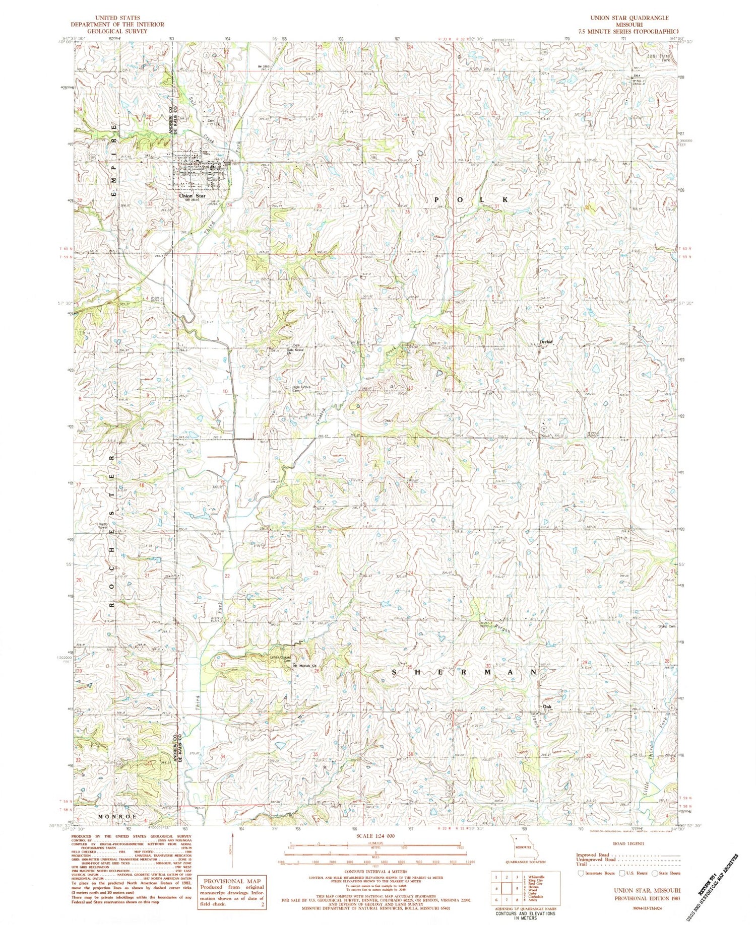 Classic USGS Union Star Missouri 7.5'x7.5' Topo Map Image
