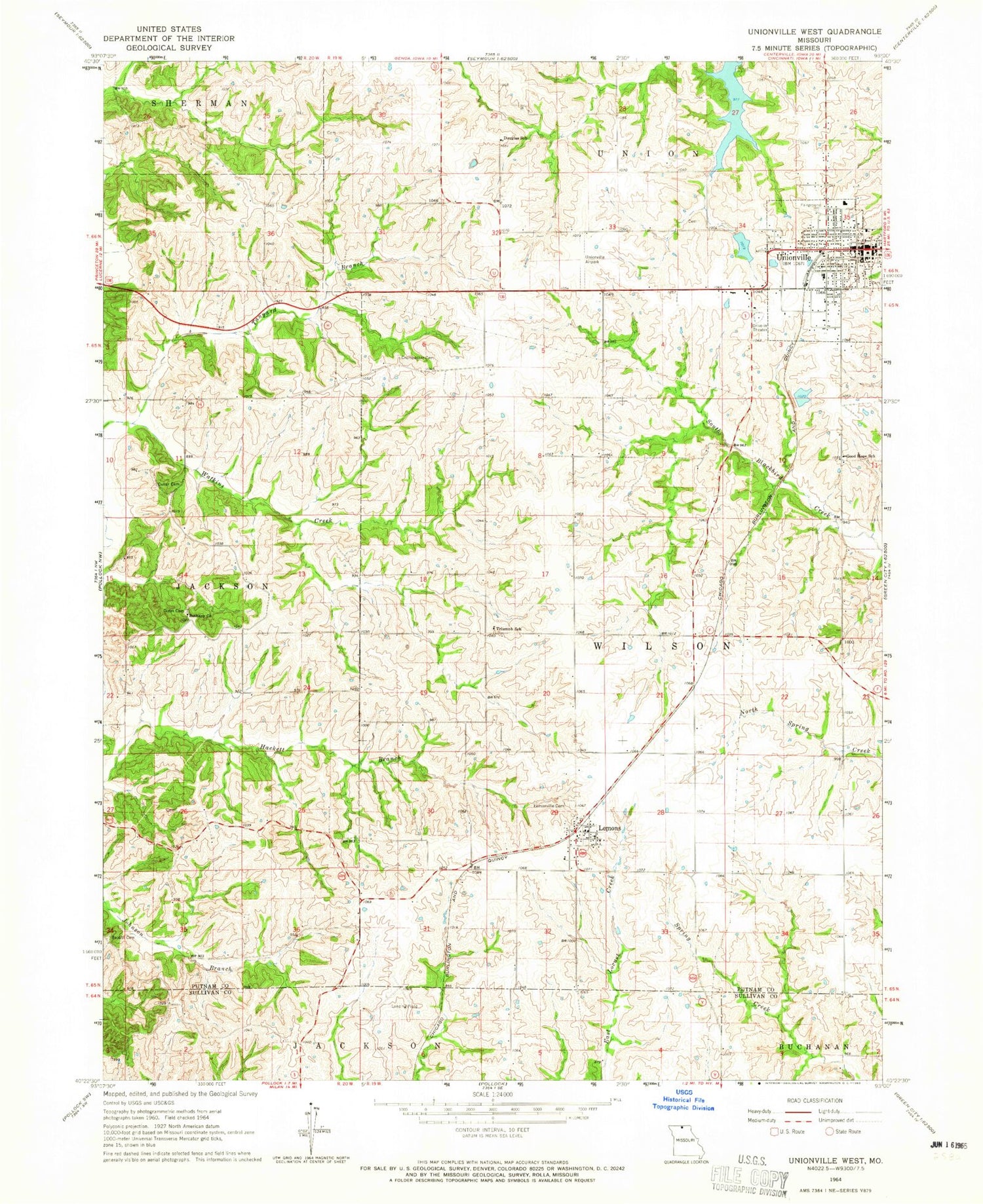 Classic USGS Unionville West Missouri 7.5'x7.5' Topo Map Image
