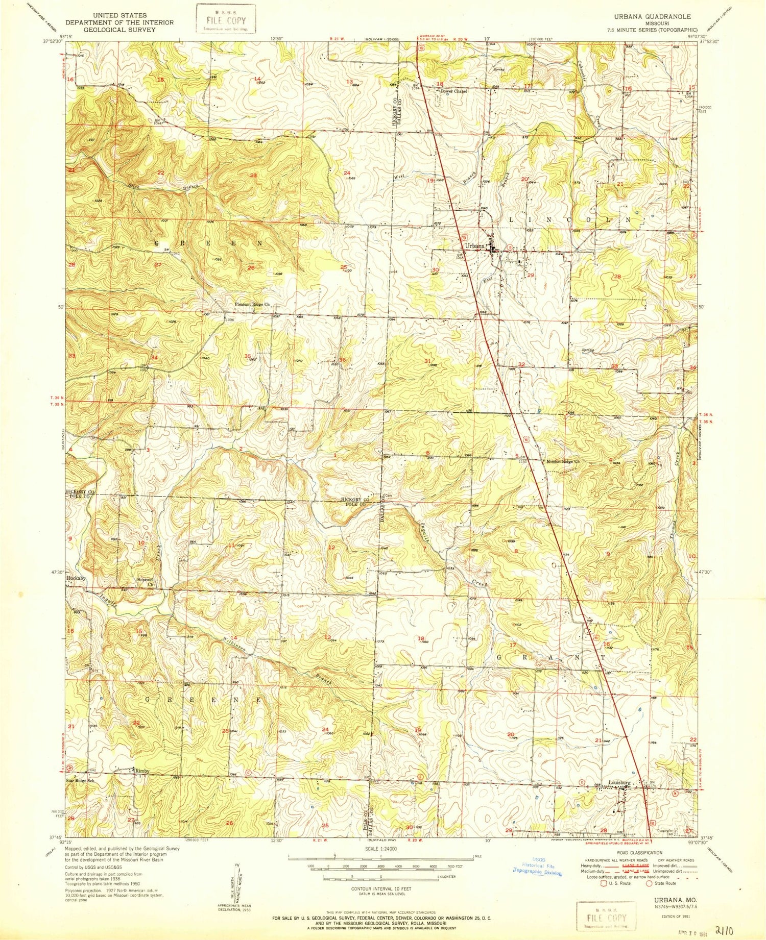 Classic USGS Urbana Missouri 7.5'x7.5' Topo Map Image