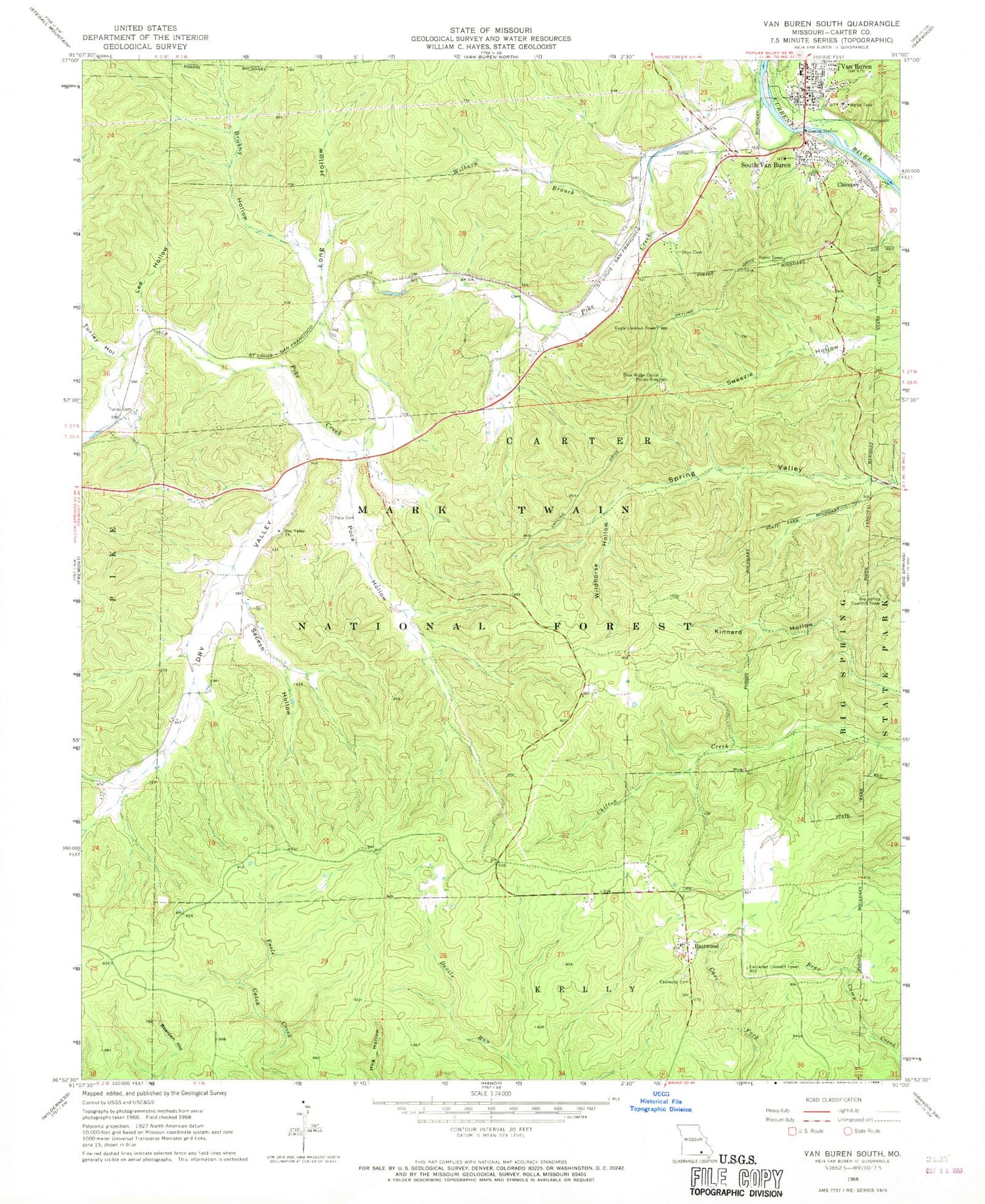 Classic USGS Van Buren South Missouri 7.5'x7.5' Topo Map Image