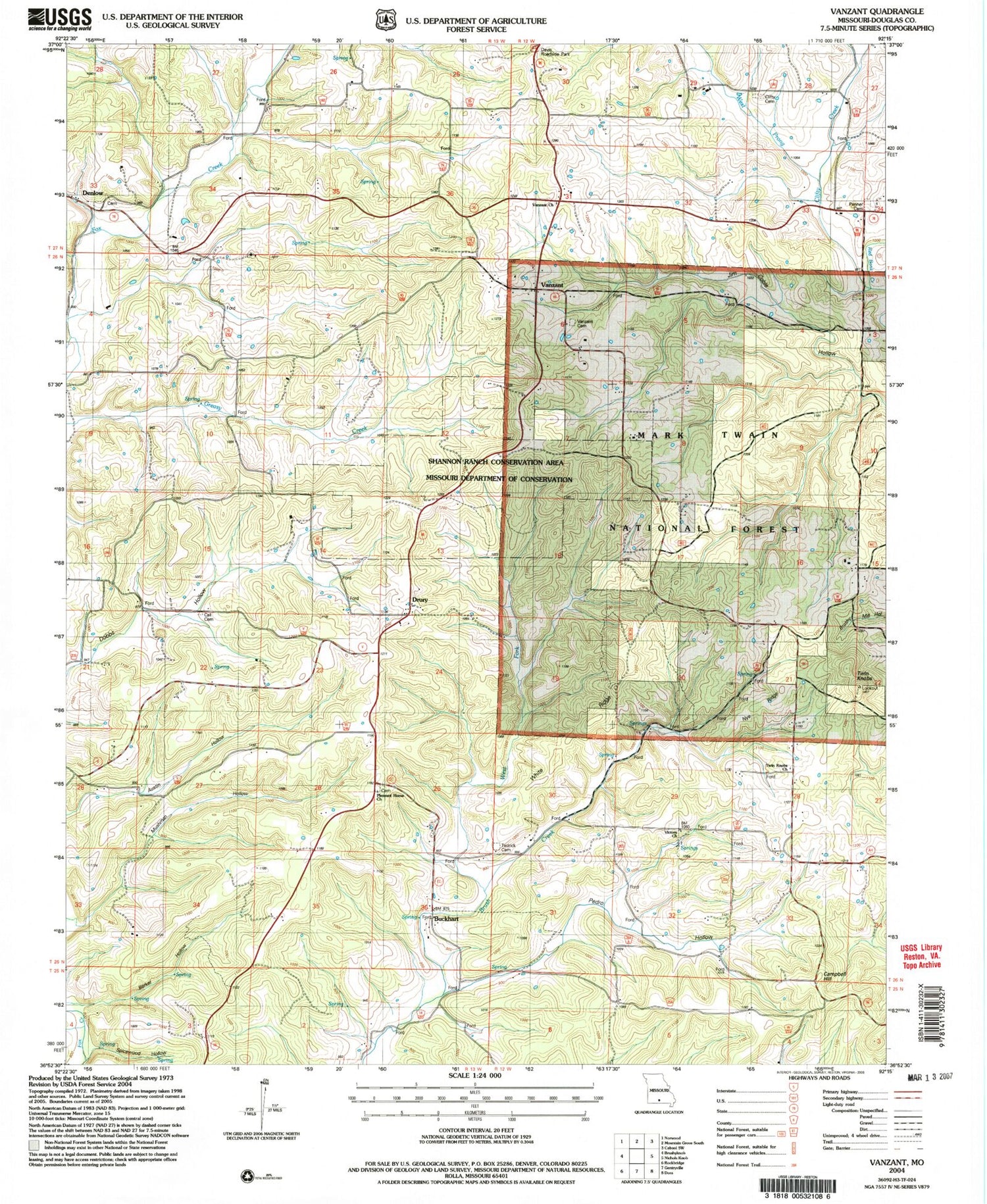 Classic USGS Vanzant Missouri 7.5'x7.5' Topo Map Image