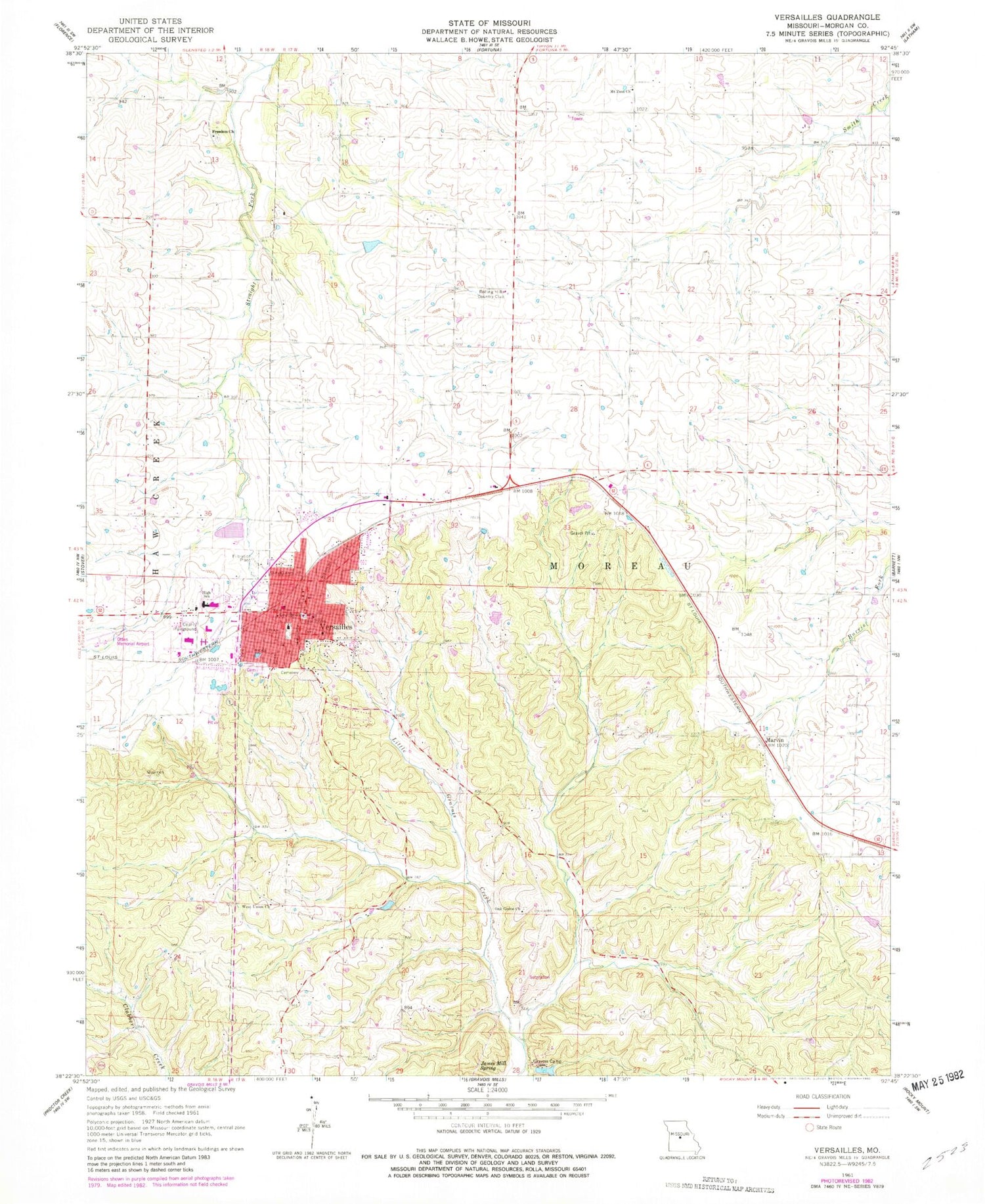 Classic USGS Versailles Missouri 7.5'x7.5' Topo Map Image
