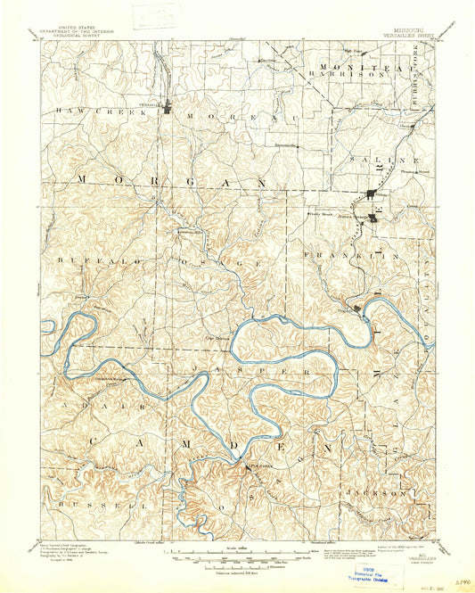 Historic 1893 Versailles Missouri 30'x30' Topo Map Image