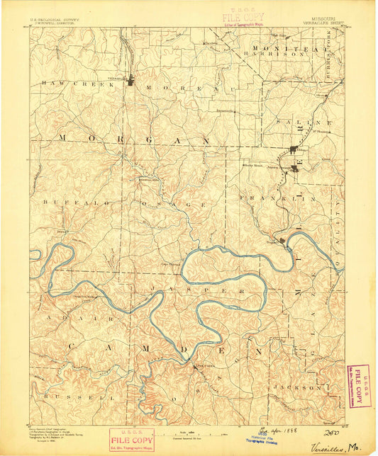 Historic 1888 Versailles Missouri 30'x30' Topo Map Image