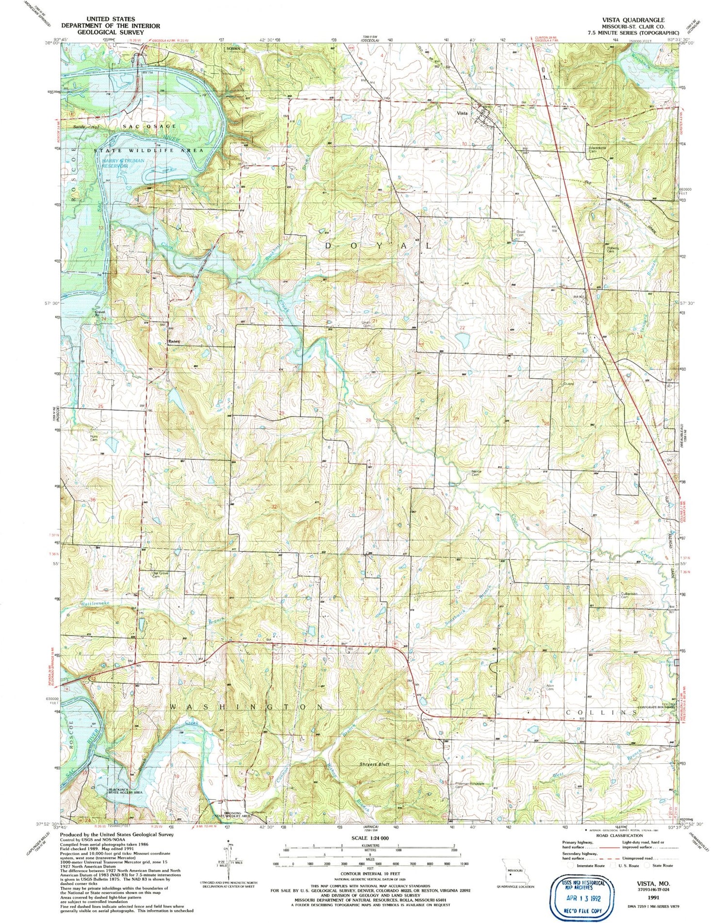 Classic USGS Vista Missouri 7.5'x7.5' Topo Map Image