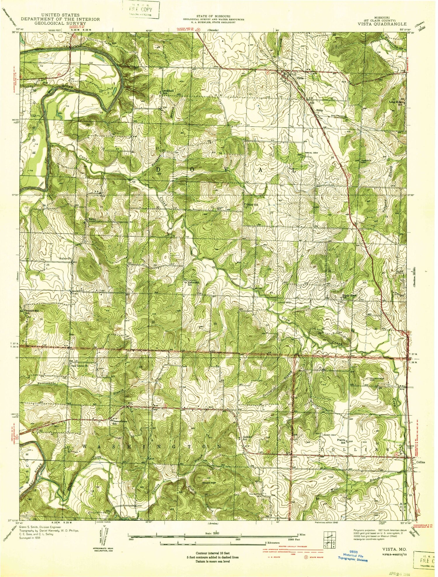 Classic USGS Vista Missouri 7.5'x7.5' Topo Map Image