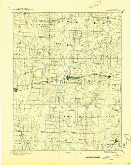 Historic 1894 Warrensburg Missouri 30'x30' Topo Map Image