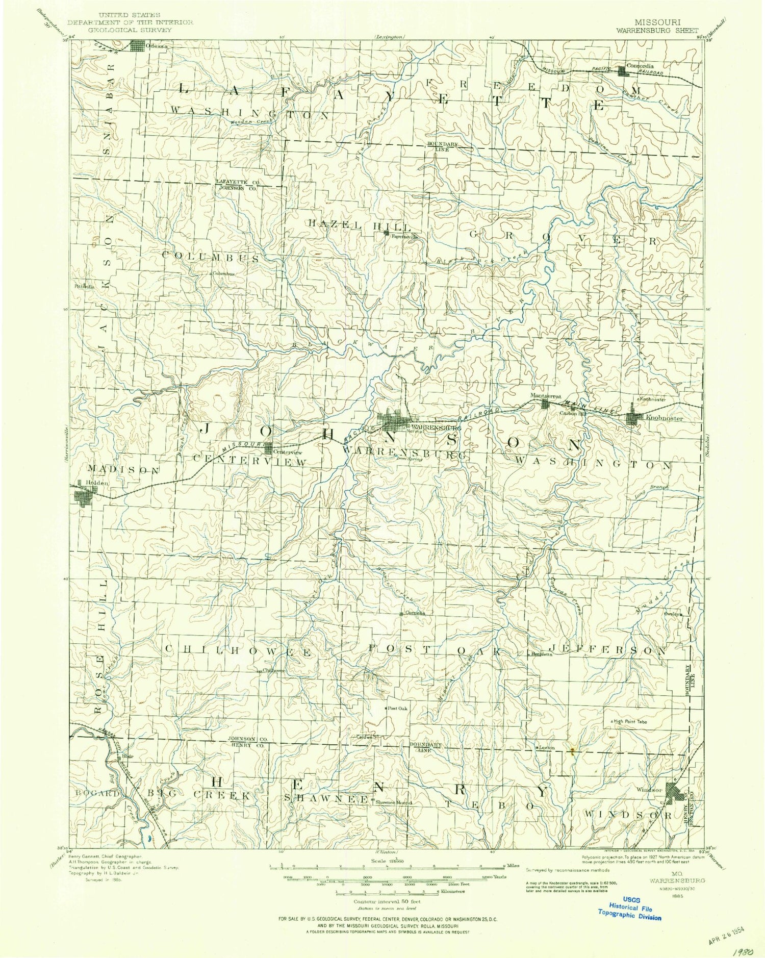 Historic 1885 Warrensburg Missouri 30'x30' Topo Map Image