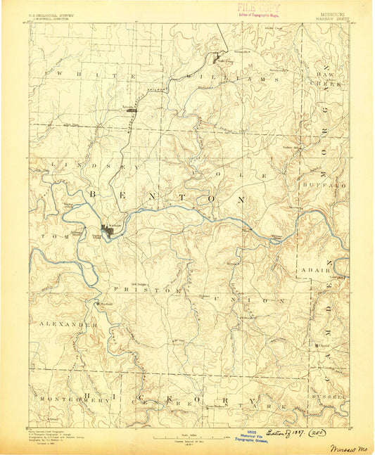 Historic 1887 Warsaw Missouri 30'x30' Topo Map Image