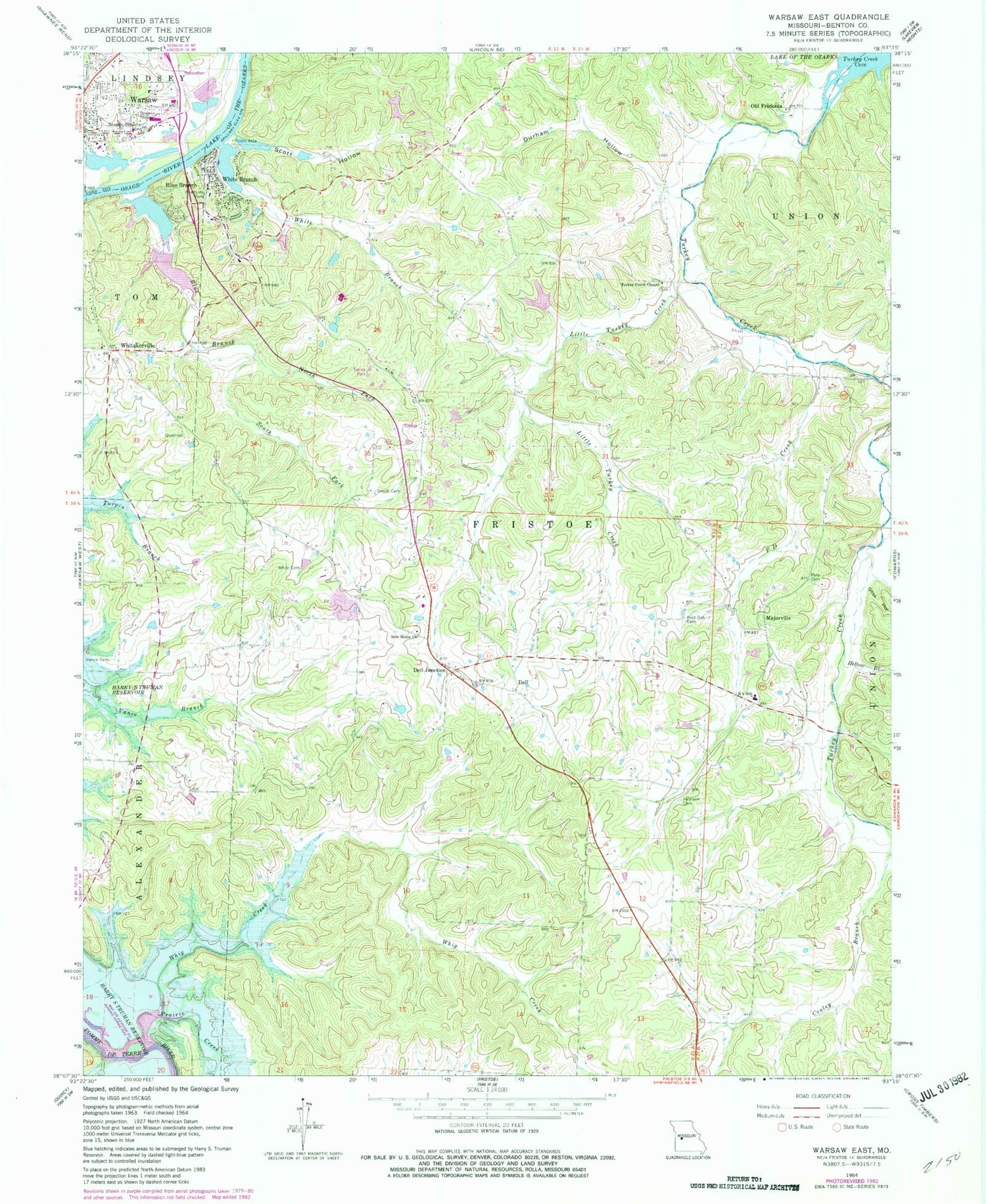 Classic USGS Warsaw East Missouri 7.5'x7.5' Topo Map Image