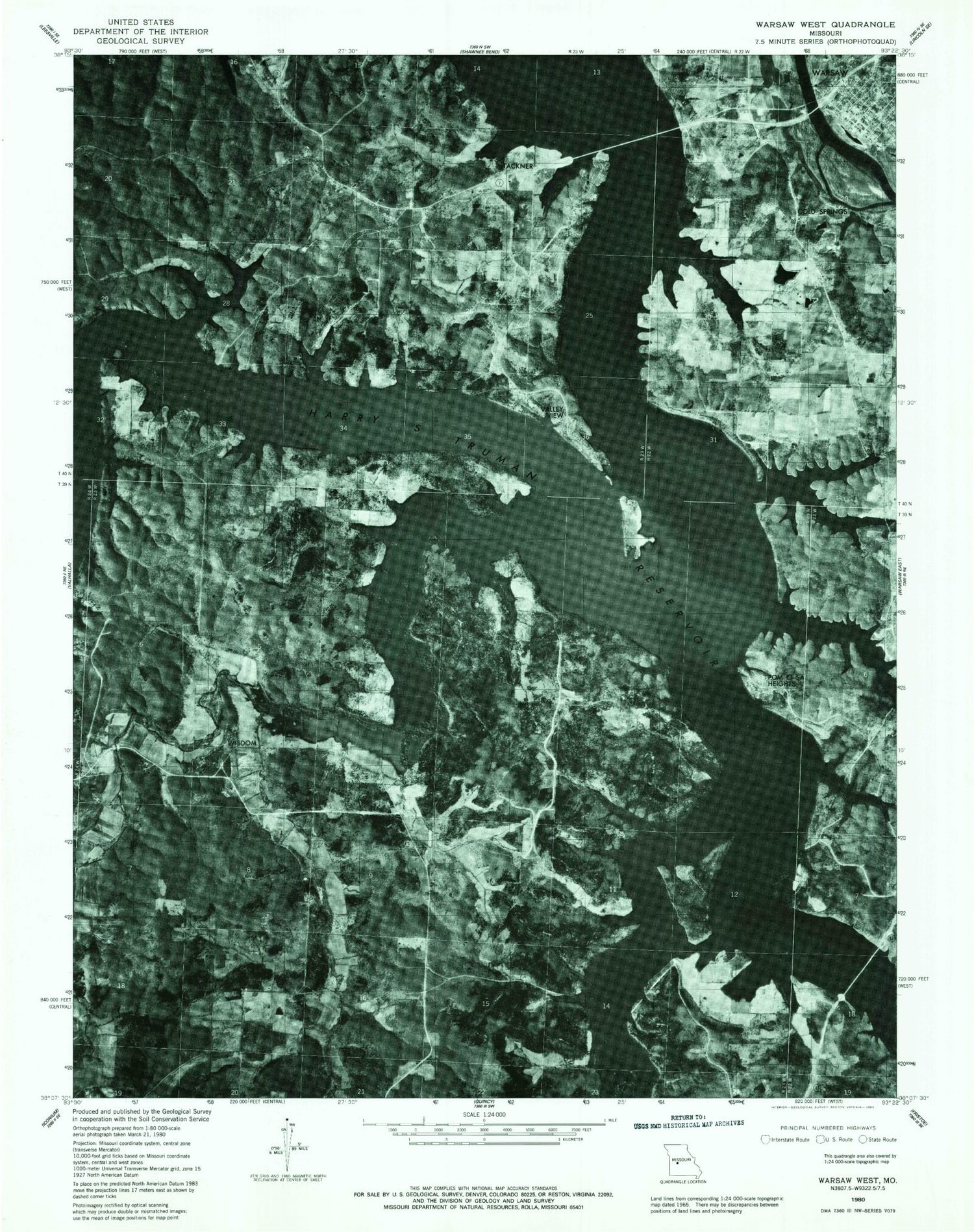 Classic USGS Warsaw West Missouri 7.5'x7.5' Topo Map Image