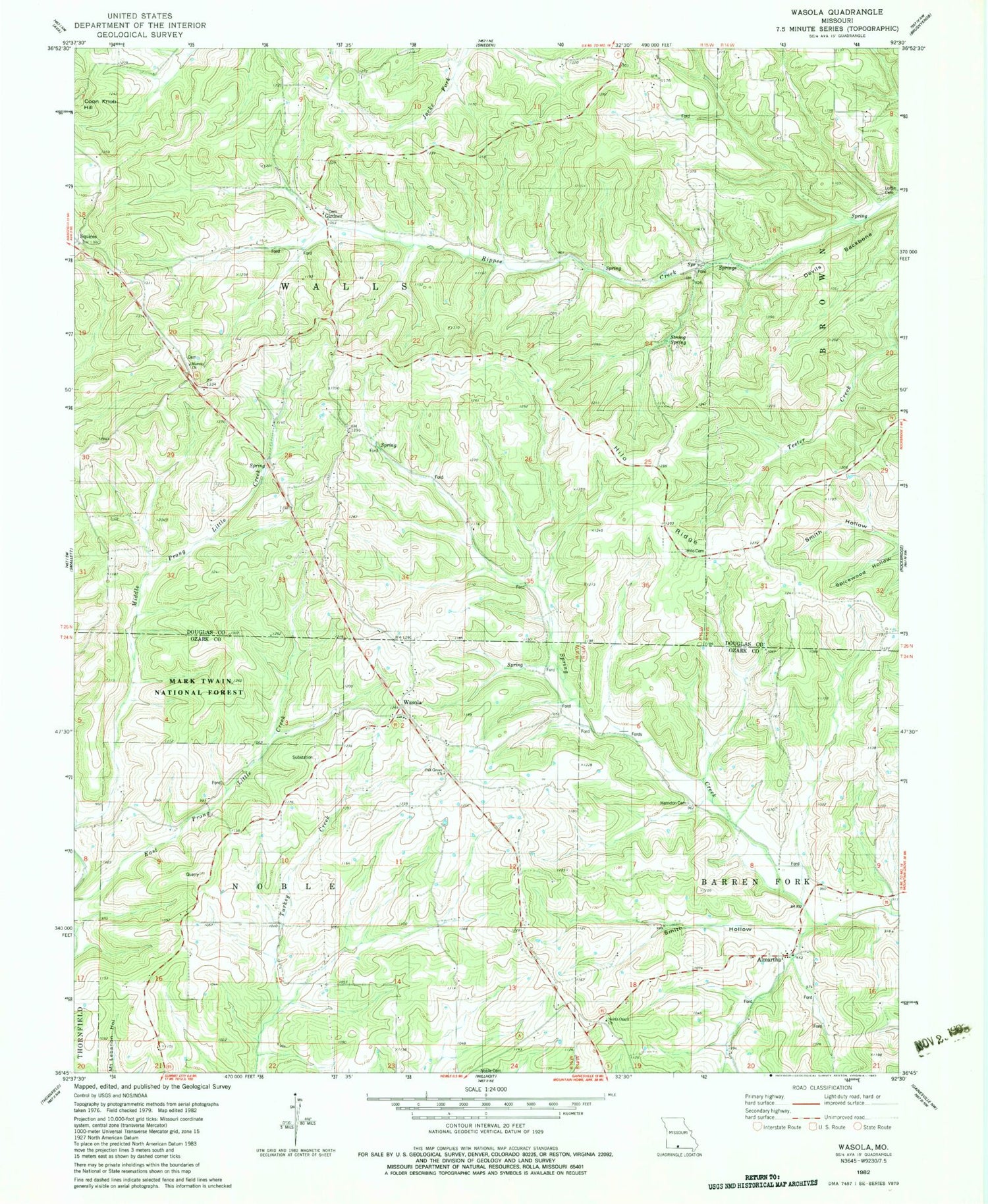 Classic USGS Wasola Missouri 7.5'x7.5' Topo Map Image
