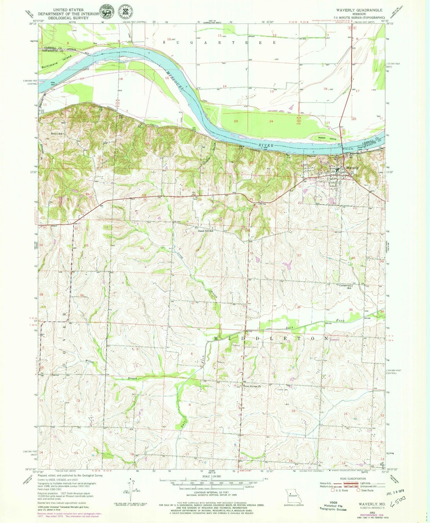 Classic USGS Waverly Missouri 7.5'x7.5' Topo Map Image