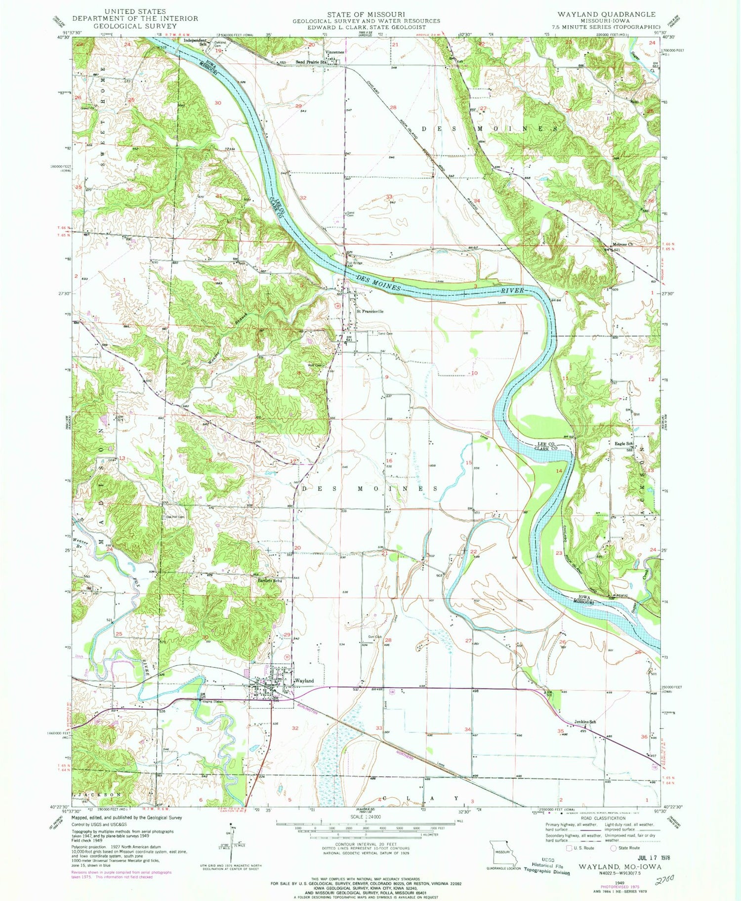 Classic USGS Wayland Missouri 7.5'x7.5' Topo Map Image