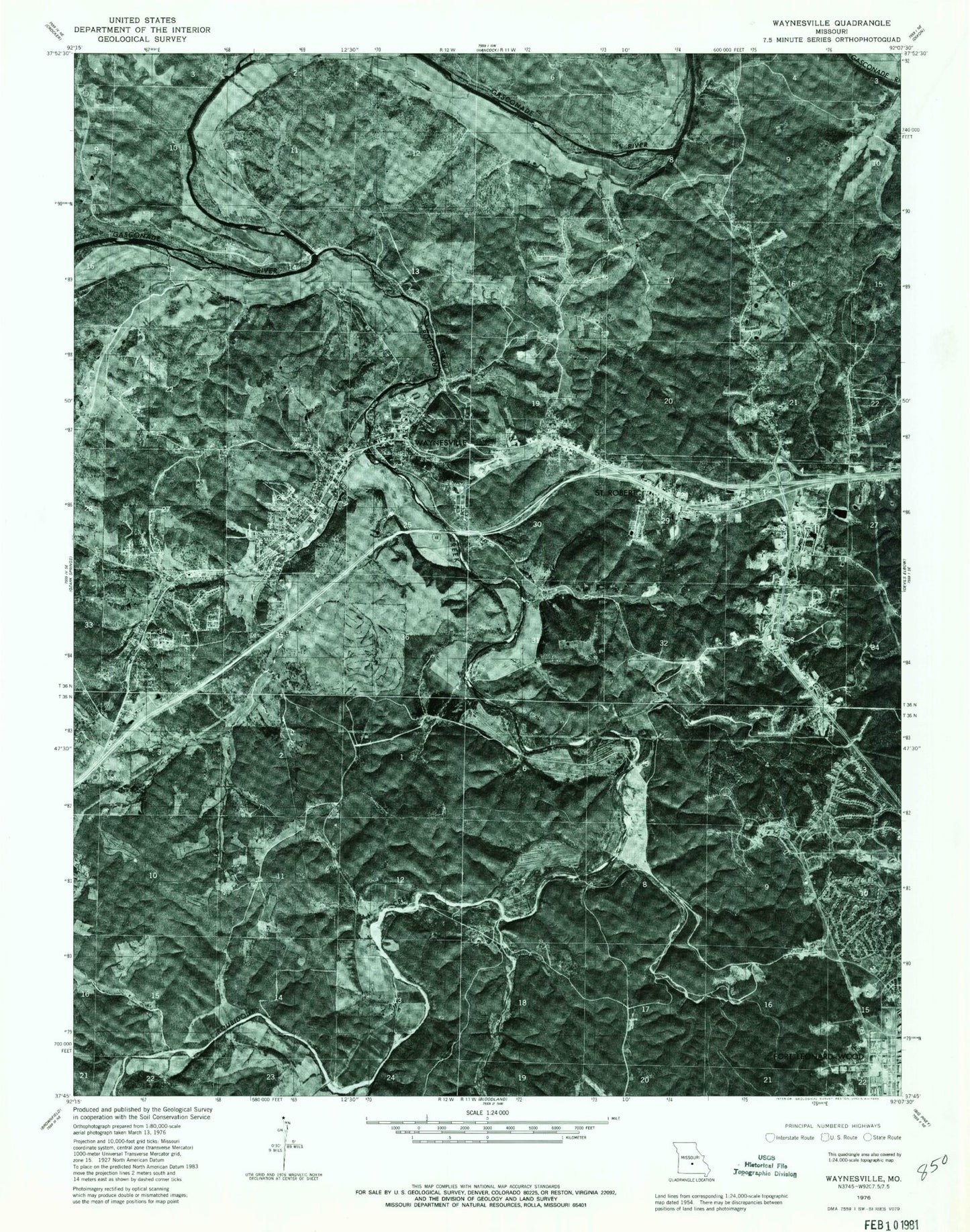Classic USGS Waynesville Missouri 7.5'x7.5' Topo Map Image