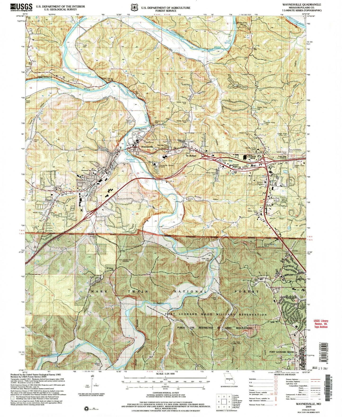 Classic USGS Waynesville Missouri 7.5'x7.5' Topo Map Image