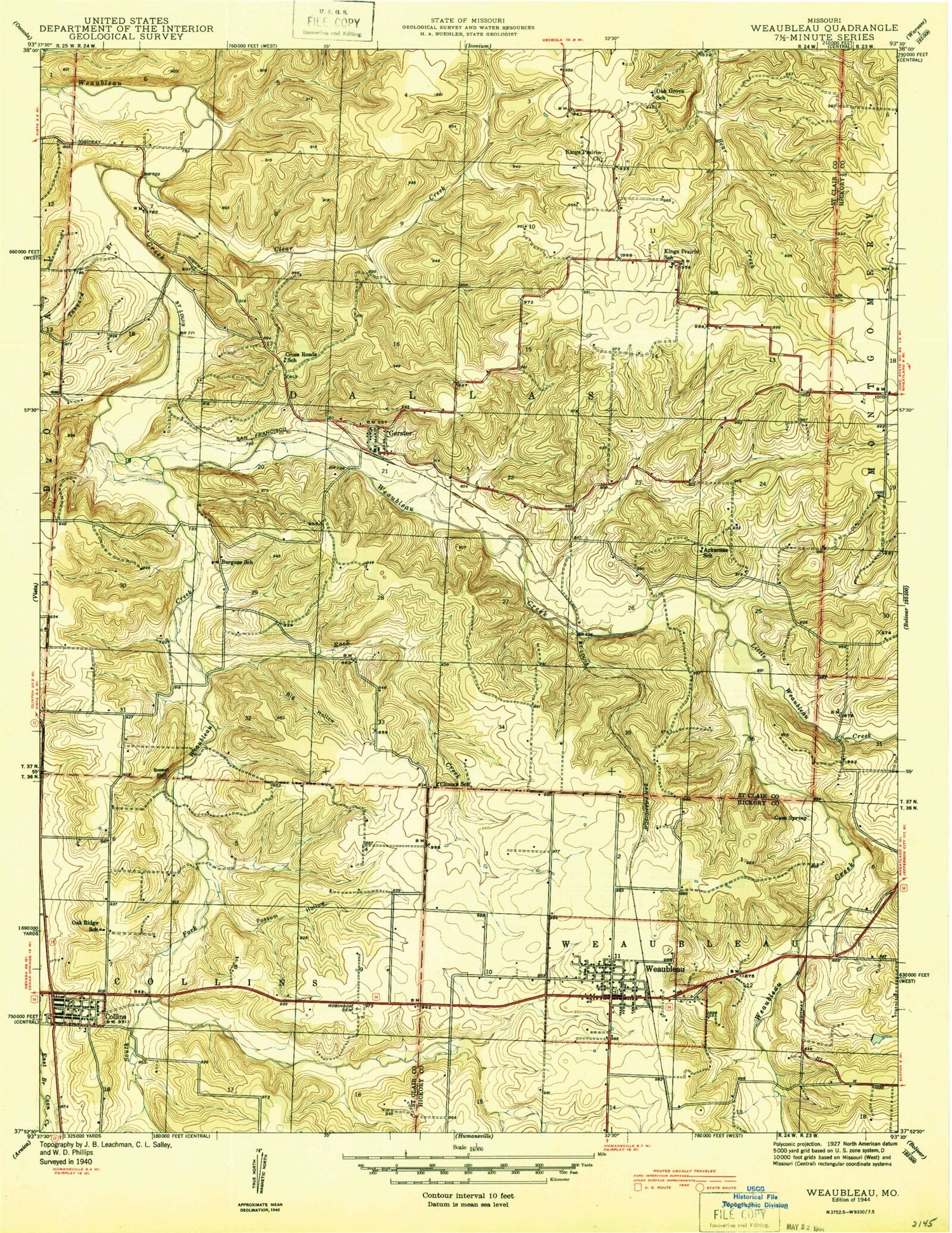 Classic USGS Weaubleau Missouri 7.5'x7.5' Topo Map Image